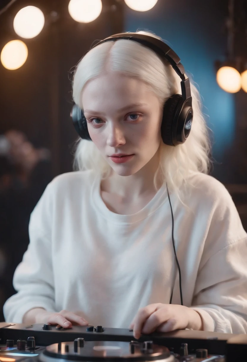 make a wonderful 20 year old albino girl in night clothes working as a dj at night, with a brown birthmark like 2 stars one bigger and one smaller, streetwear