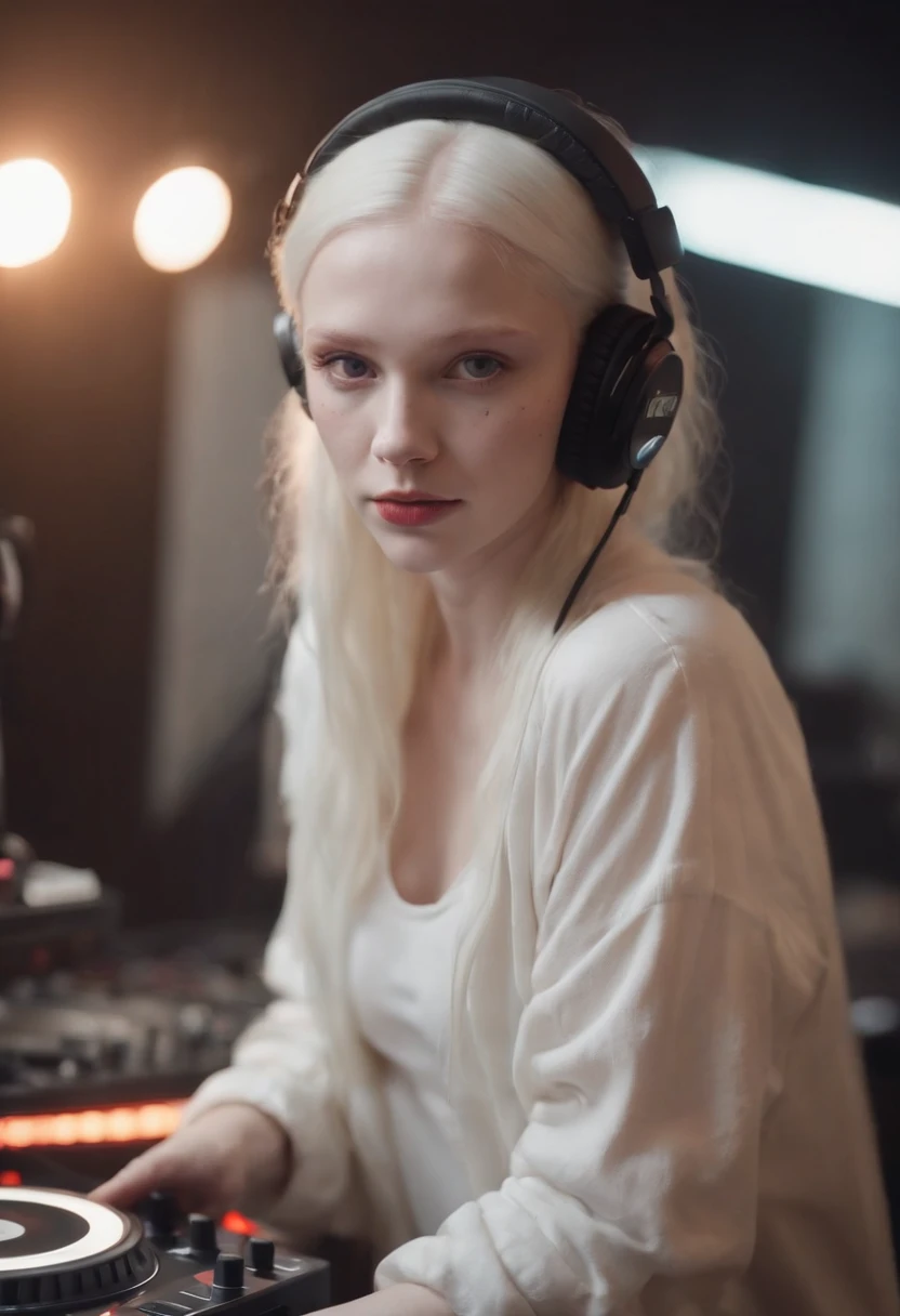 make a wonderful 20 year old albino girl in night clothes working as a dj at night, with a brown birthmark like 2 stars one bigger and one smaller, streetwear