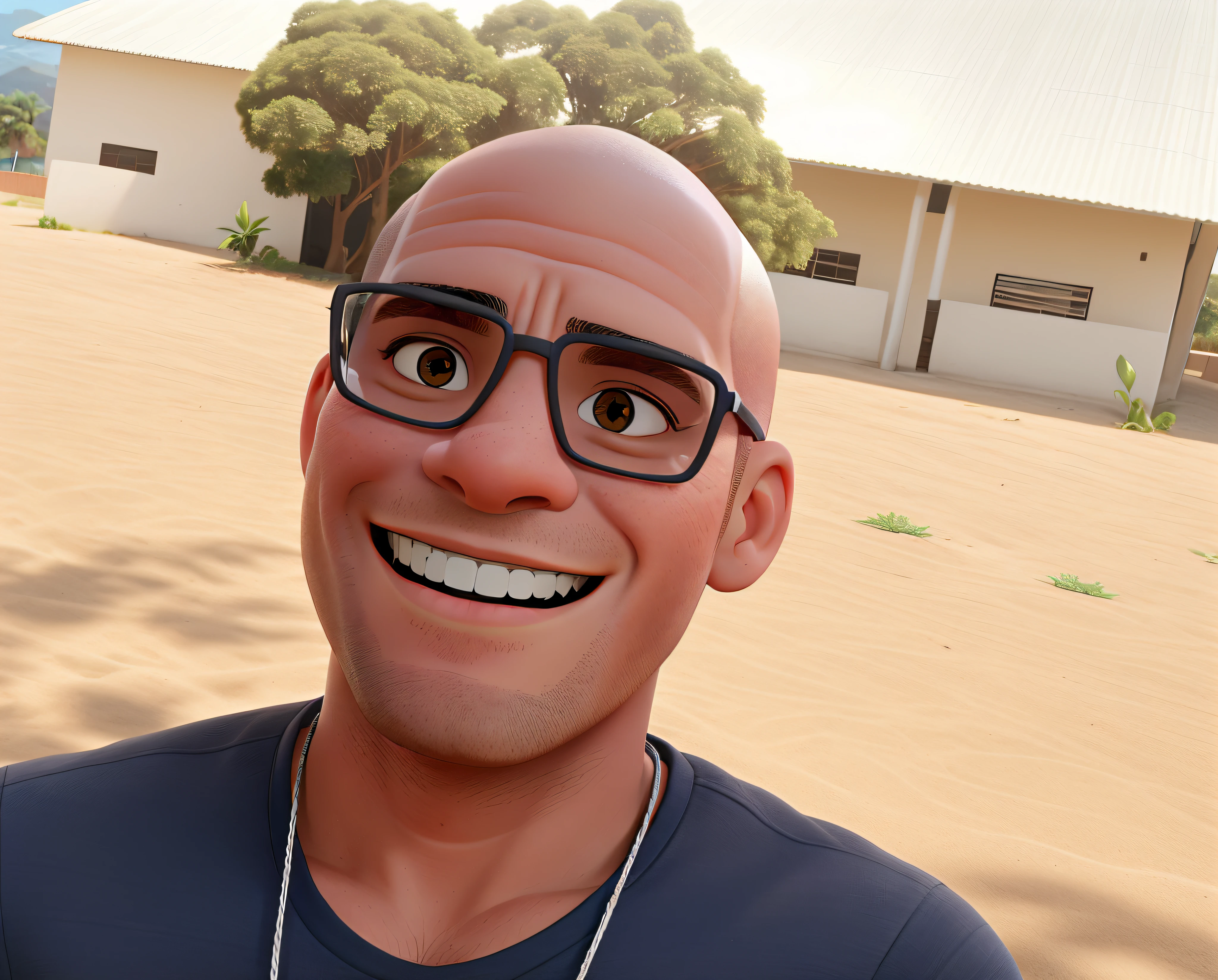 Um homem moreno careca sorridente, com aparelho nos dentes.