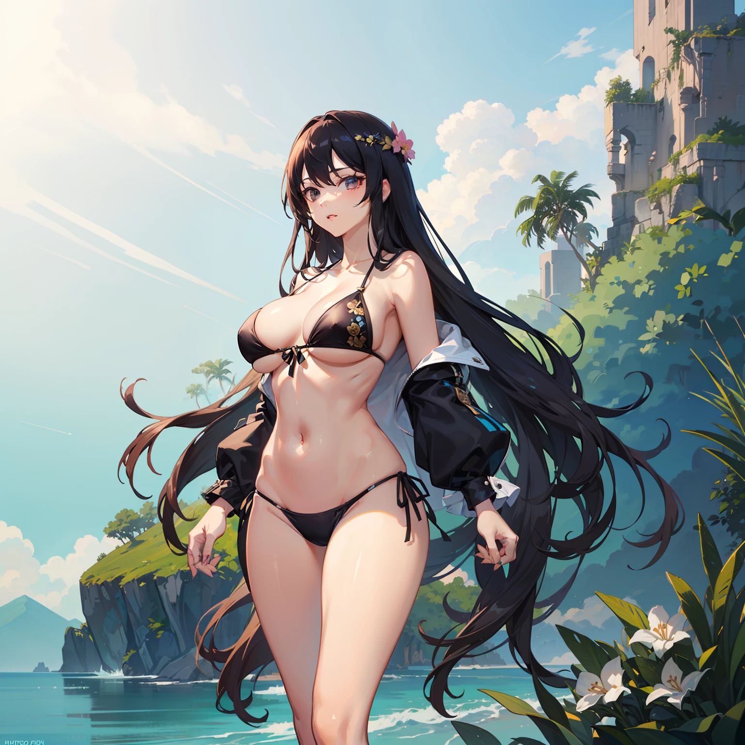 (Highly detailed CG Unity 8k wallpaper, masterpiece, top quality)　(Perfectly proportioned hands with one thumb and four fingers) ((Adult woman in her early 20s wearing a revealing bikini)) Big breasts Cleavage Pretty face (long wavy hair) Big buttocks Beautiful legs Woman in floral swimsuit