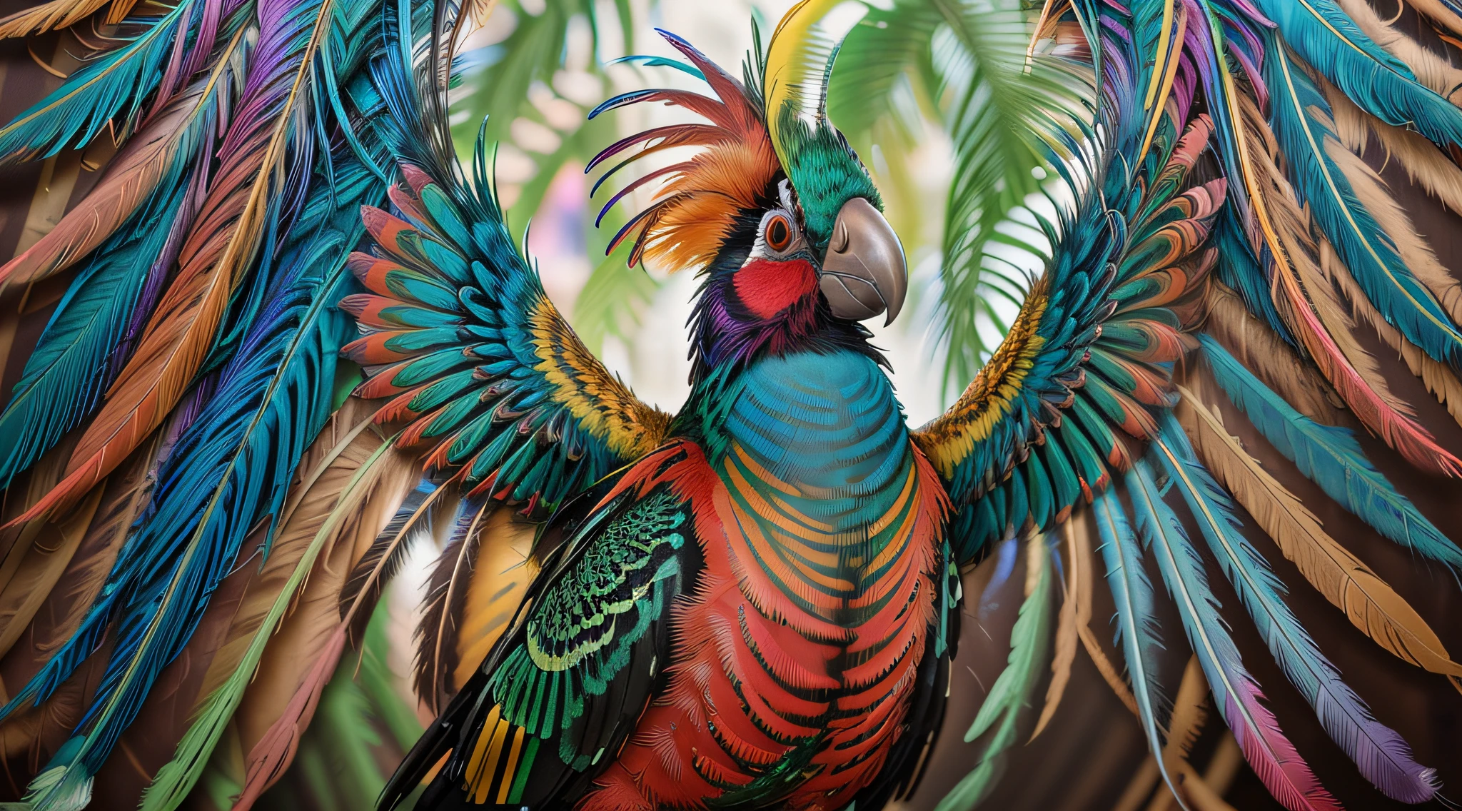 Beautiful colorfull papagaio pintor, Fantasy creature, photo-realistic depiction, majestic bird, intricate plumage, iridescent feathers, mythical charm, dramatic angle, Realistic Photography, Detail, 8K, vivid colors, fine lines