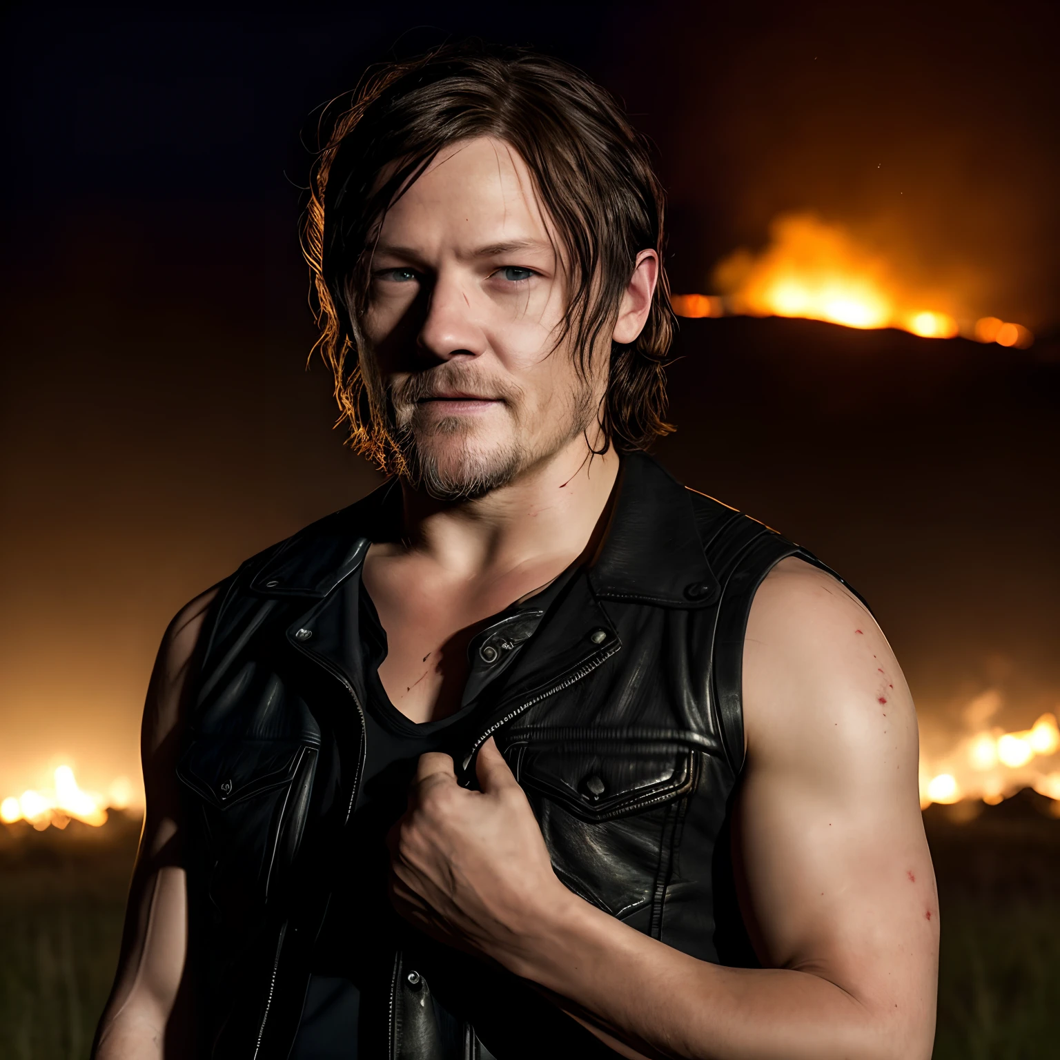 A realistic close-up picture of Norman Reedus, his eyes are blue. He is holding up a small black box in his right hand. The box is glowing bright white. Norman is hurt and bruised up and has a little bit of blood on his forehead. His right arm is burnt up badly and black and his clothes are torn with his black vest over his shirt. It's nighttime and the background is a destroyed field and there is some fire in the background. The background is blurred. 4K, ultra realistic, photo realistic, realism, award-winning photography, HD,