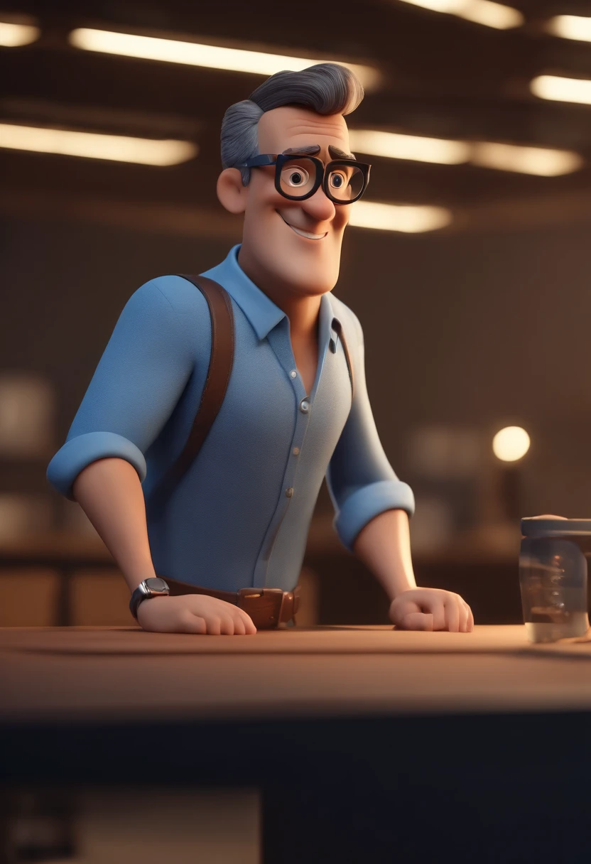 Cartoon character of a man wearing black glasses and a blue shirt, um personagem animado, Caractere estilizado, animation style rendering, 3D estilizado, Arnold Maya render, 3 d render stylized, toon render keyshot, Personagem 3D, Personagem 3D, 3d rendering stylized, 3 d character render, personagem de desenho animado, Personagem de close up, Pose de personagem, (Estilo Pixar) (master part:1.2) (Bokeh) (best quality) (pele detalhada) (textura detalhada) (8k) (argila) (Cinematic lighting) (foco nítido，Senta e vaza a parte superior do corpo