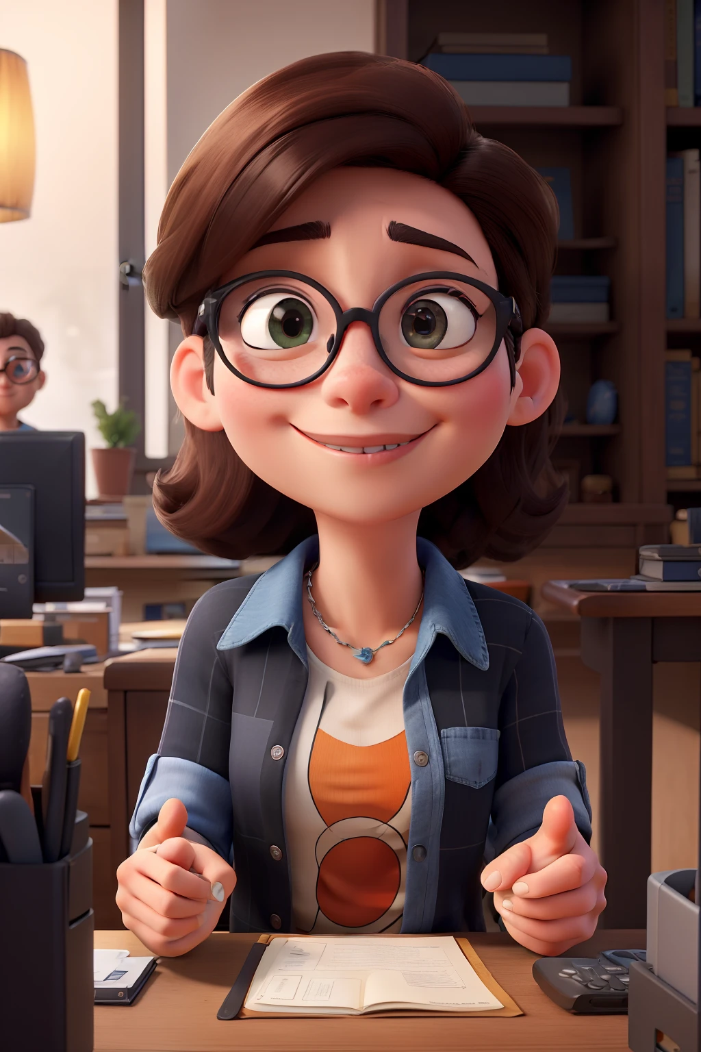 Obra-prima, de melhor qualidade, inspirado na Disney Pixar em 3D em 4k, with the title "Remake" The setting is a table with a computer, livros, mug and designer the main character is working with her computer she is a graphic designer
She is a wonderful woman of approximately 35 years old.
Cabelo chanel castanho e olhos castanhos, wears glasses with round black frames
The main character's outfit is a striped t-shirt with a denim shirt