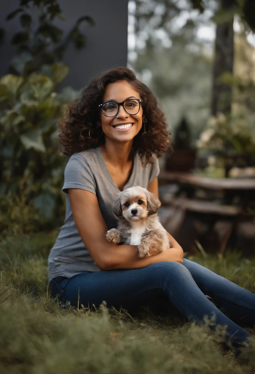 Pixar. Casal com um filhote de cachorro preto. A  tem os cabelos castanho escuro solto e liso, Camiseta cinza e jeans claro, white glasses. O meninobelos pretos com cabelos longos amarrado, barba pequena, Dark blue jeans and gray t-shirt. They are both smiling and are 40 years old