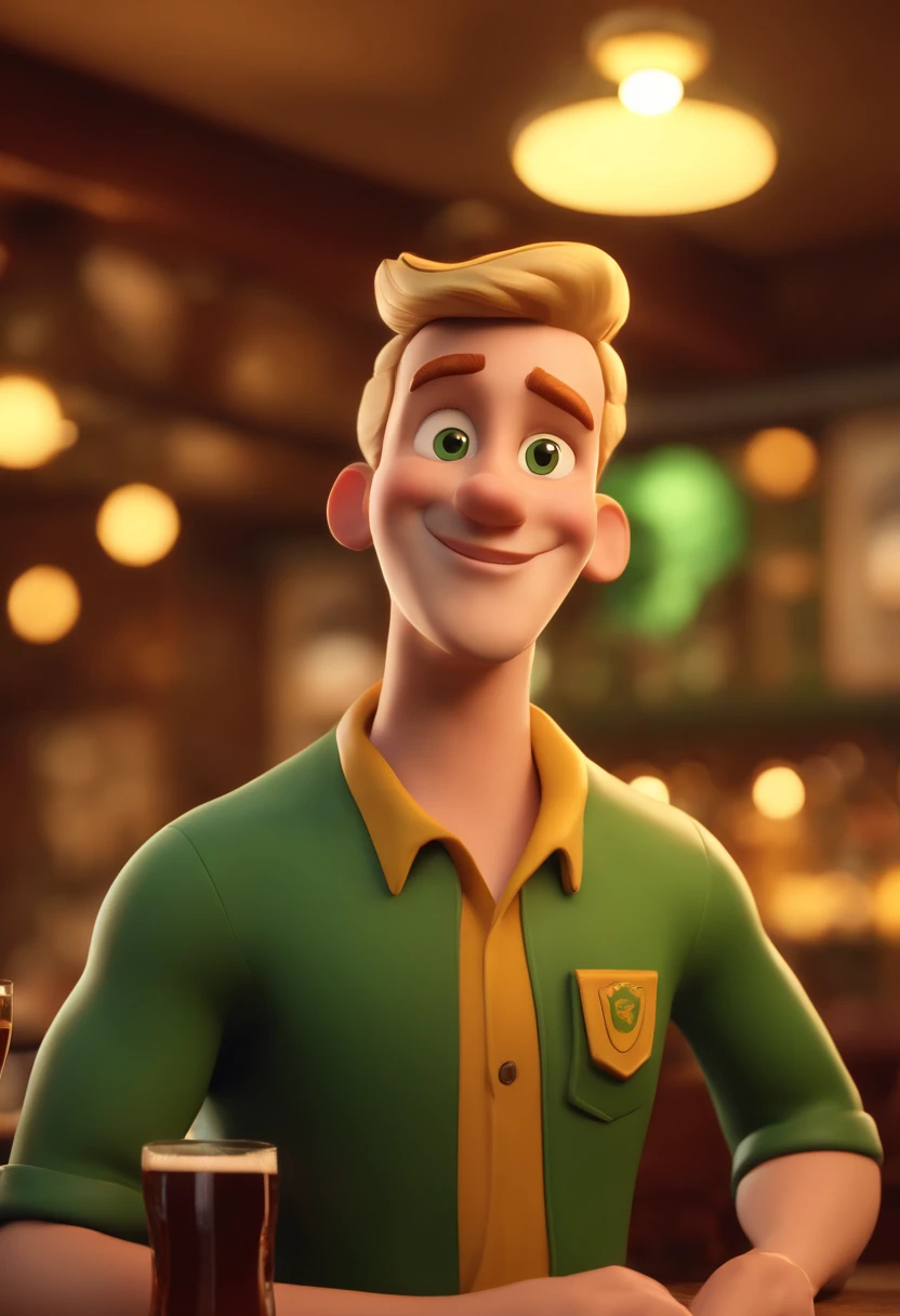 cartoon character of a slim man with short blond hair, green eyes, green shirt, with a glass of beer in his hand, in a vintage Irish style bar, animation character, stylized character, animation style rendering, 3d stylized , Arnold Maya rendering, stylized 3d rendering, keyshot toon rendering, 3d character, 3d character, stylized 3d rendering, 3d character rendering, cartoon character,0 Character Pose, (Pixar Style) (Masterpiece: 1.2 ) (Bokeh) (best quality) (detailed skin) (detailed texture) (8k) (clay) (Yellow cinematic lighting) (sharp focus, Pixar Disney style.