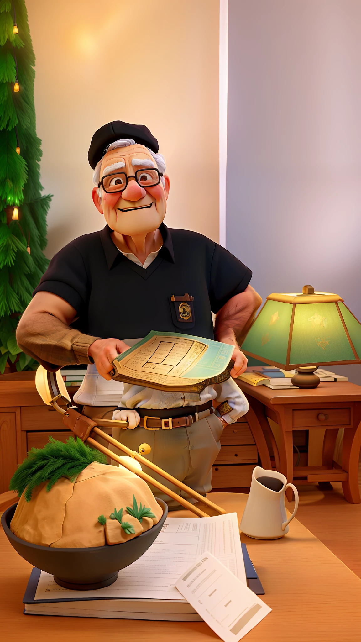 A wise old man standing in front, illuminated by the light of a lamp, against the backdrop of a library