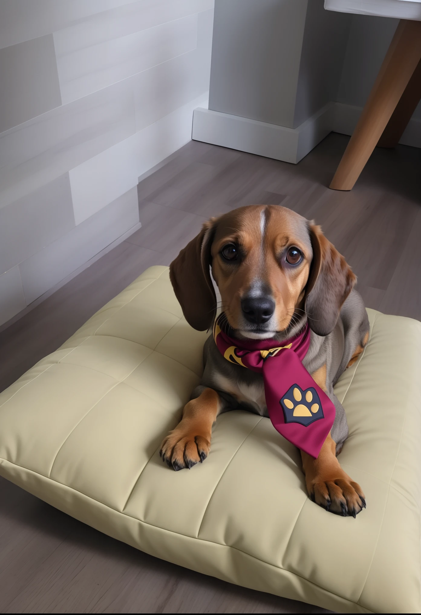 There's a dog that's sitting on a pillow with a tie, he‘s wearing a red neckerchief, um bonito, olhar orgulhoso, muito bonito, Parecendo inteligente, Looking towards the camera, extremamente bonito, Dachshund, peludo bonito precisa de sua ajuda, ele parece muito sofisticado, orgulhoso olhando para longe, super cute and friendly, muito realista, aw, Giro