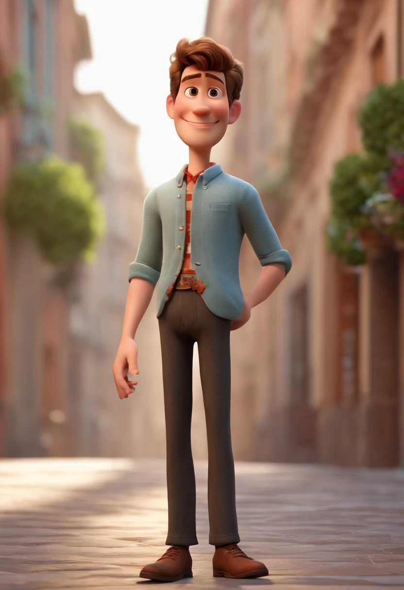 a happy cute, homem de 28 anos cabelo curto vestindo um terno social, , fundo branco, barnet, Tom, Estilo Pixar, ....3d, desenhos animados, rosto detalhado (baseado na  imagem) asymmetrical 16k homem de 28 anos, cabelo escuro, olhos castanhos claros, em uma avenida movimentada, com roupas sociais, terno, estilo pixar, realista