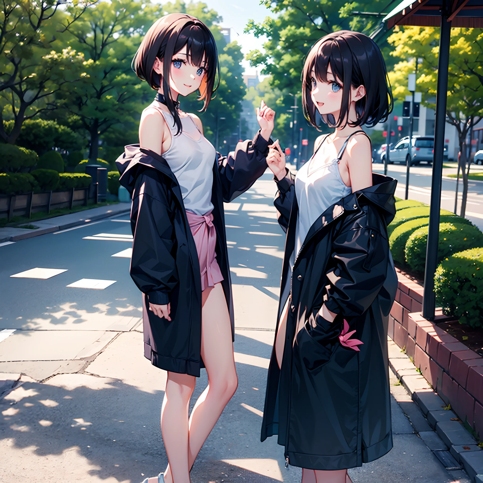 Two Japan women exposed in a park on the Sumida River in Japan、She was a 27-year-old woman with loose, fluffy short hair and lobbed hair、One is a 31-year-old woman with small breasts and a dark brown lob、The two are having fun、small tits、Small、discreet breasts、street snap、Adult Women's Plain Clothes、Sheer feeling、Beautuful Women、Looking at me with a smile、She is wearing an ivory zip-up hoodie with the zipper down and the front open、、Black long coat、Black miniskirt、White inner camisole