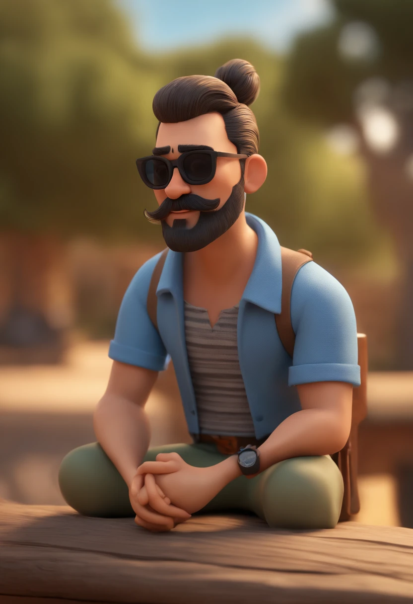 Cartoon character of a 35 years old man with black sunglasses and a blue shirt, topknot, beard, fisherman animation character, Caractere estilizado, animation style rendering, 3D estilizado, Arnold Maya render, 3 d render stylized, toon render keyshot, Personagem 3D, Personagem 3D, 3d rendering stylized, 3 d character render, personagem de desenho animado, Personagem de close up, Pose de personagem, (Estilo Pixar) (master part:1.2) (Bokeh) (best quality) (pele detalhada) (textura detalhada) (8k) (argila) (Cinematic lighting) (foco nítido
