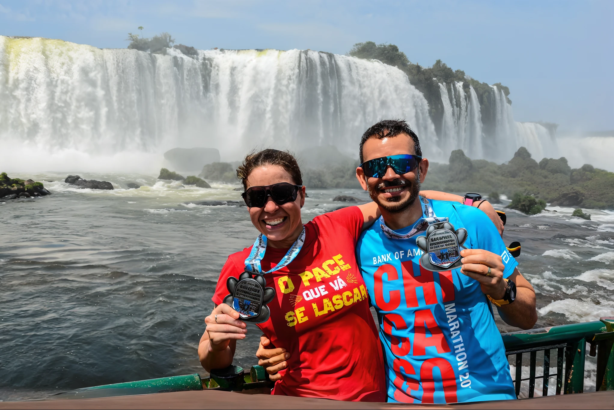 There are two people next to each other holding trophies, muito feliz!, vista deslumbrante, Malika Favre, sao paulo, Beto Val, com cachoeiras, Directed by: Felipe Seade, epic stunning, 1 0 0 m, Directed by: Willian Murai, fotografia, com uma cachoeira, andrea rocha, information, 2506921471