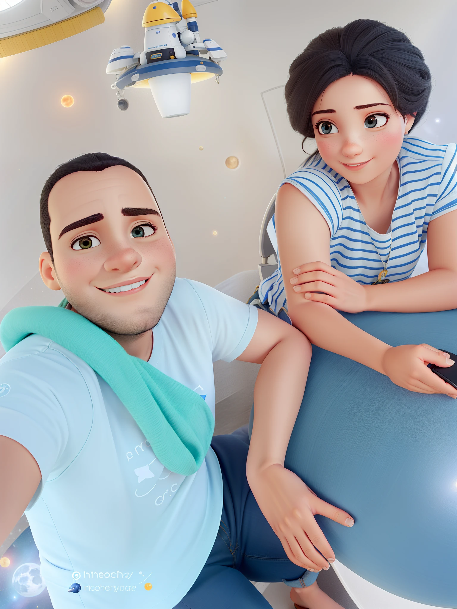 best quality, high resolution, imagem distinta, arte conceitual, night sky, Estrelas, lua, garota, sorrir, Hair, olho, boca, Hands, Feet, garments, jeans, camiseta, echarpe, kalap, space, spaceship, traje espacial, astronauta, planeta, galaxy, Beautiful, fofo, aconchegante, natural, sonhador, Relaxed, cintilante, Lovely