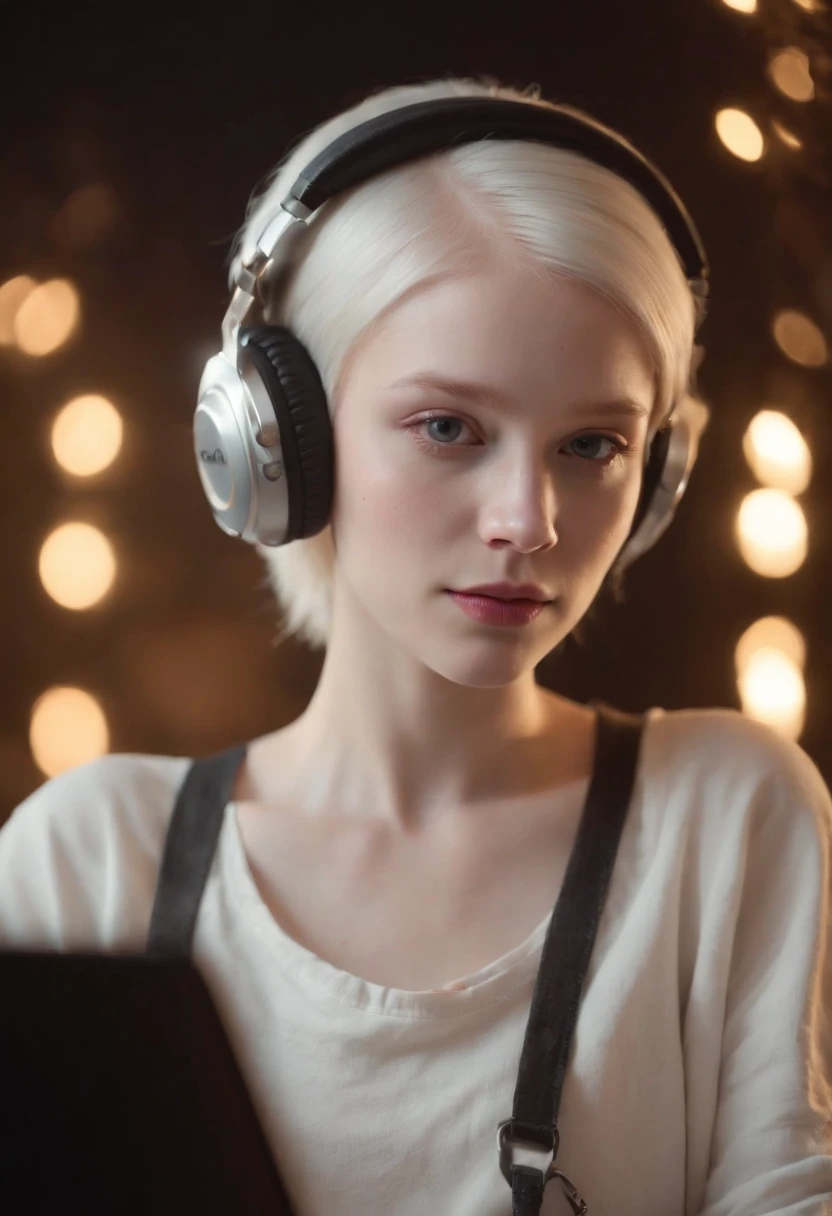 make a wonderful 20 year old albino girl in night clothes working as a dj at night, with a brown birthmark like 2 stars, one bigger and one smaller