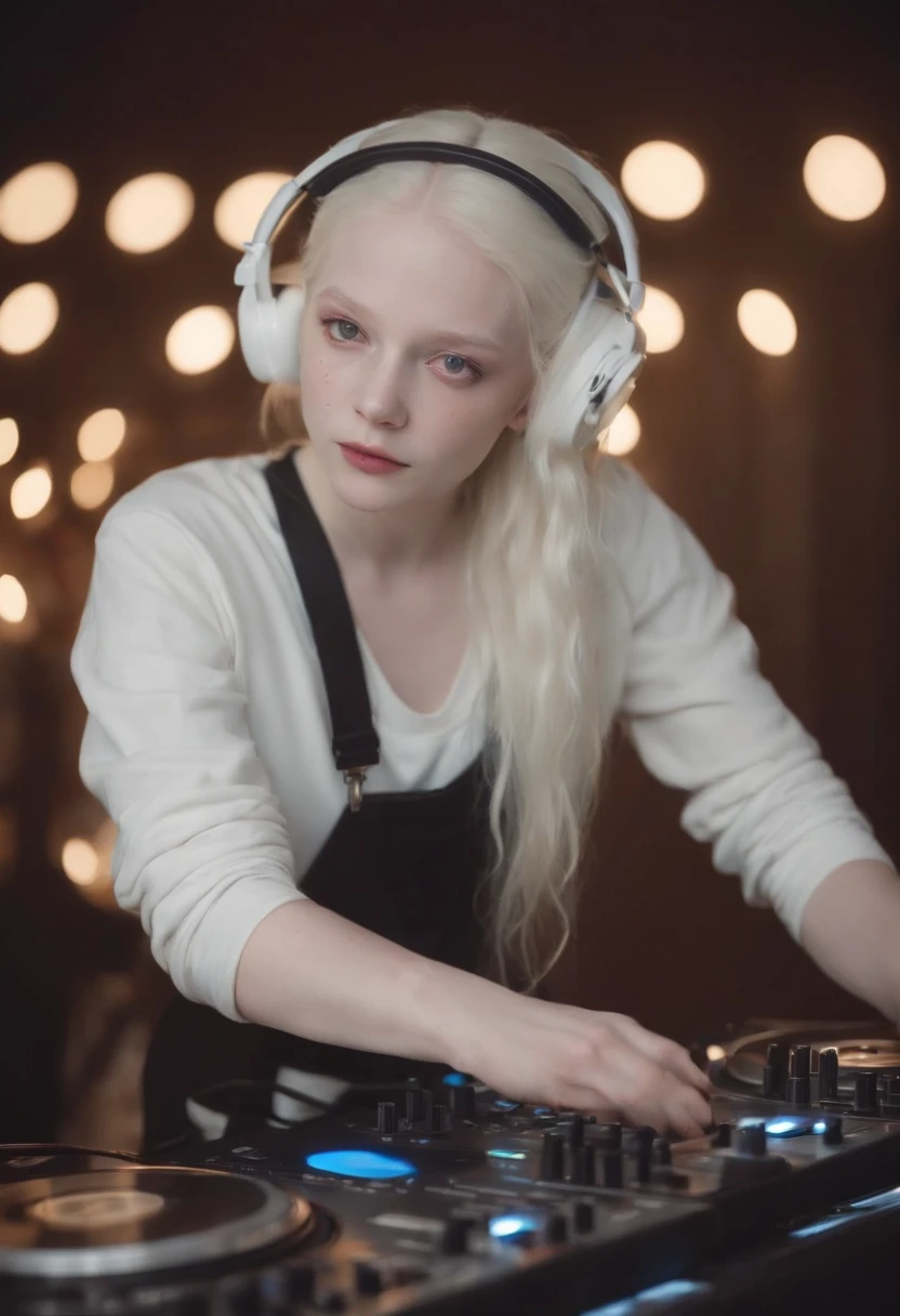 make a wonderful 20 year old albino girl in night clothes working as a dj at night, with a brown birthmark like 2 stars, one bigger and one smaller