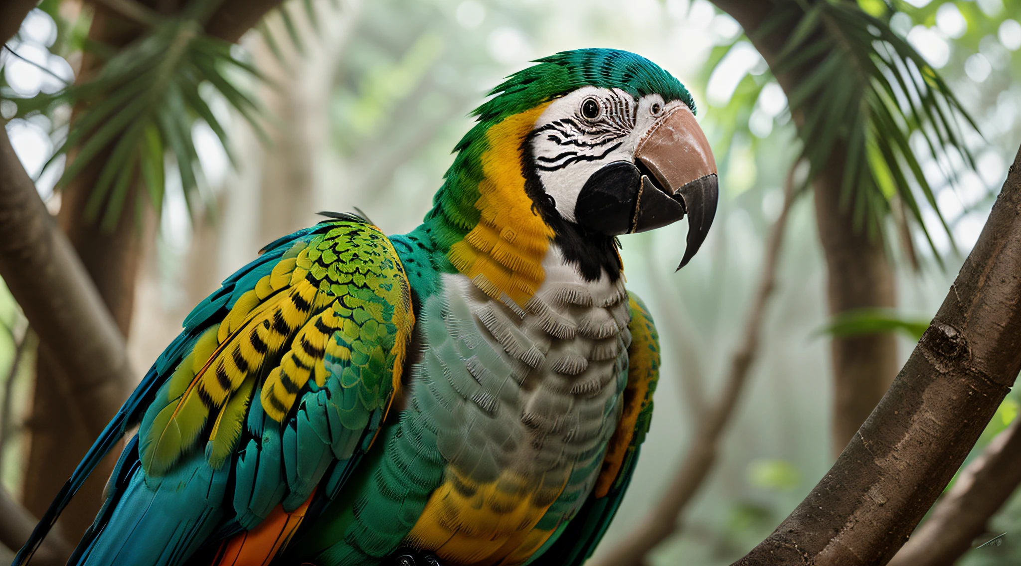 Beautiful colorfull macaw, Fantasy creature, 3d, photo-realistic depiction, majestic bird, intricate plumage, iridescent feathers, mythical charm, dramatic angle, Realistic Photography, Detail, 8K, vivid colors, fine lines