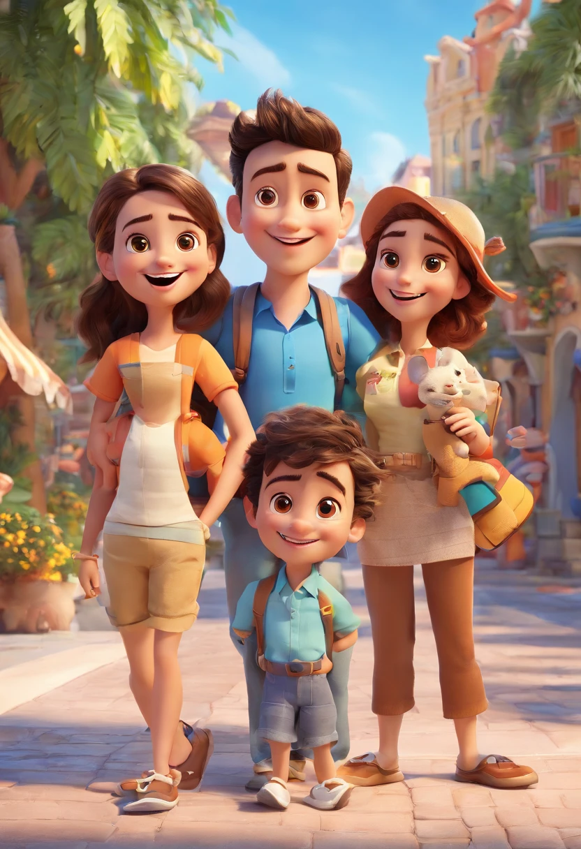 Cartoon of friends having fun on vacation together, 3D Animation Movie Poster, Poster de filme animado, pixar 3 d animation style, pixar renderman rendering, maia 8 mil, animated film, Disney Pixar Estilo 3D, amigos felizes saem juntos, all wearing light blue shirts and cream brown long pants, camisa azul clara, cream brown pants, ao ar livre, vacation, Disney Pixar Animation Poster