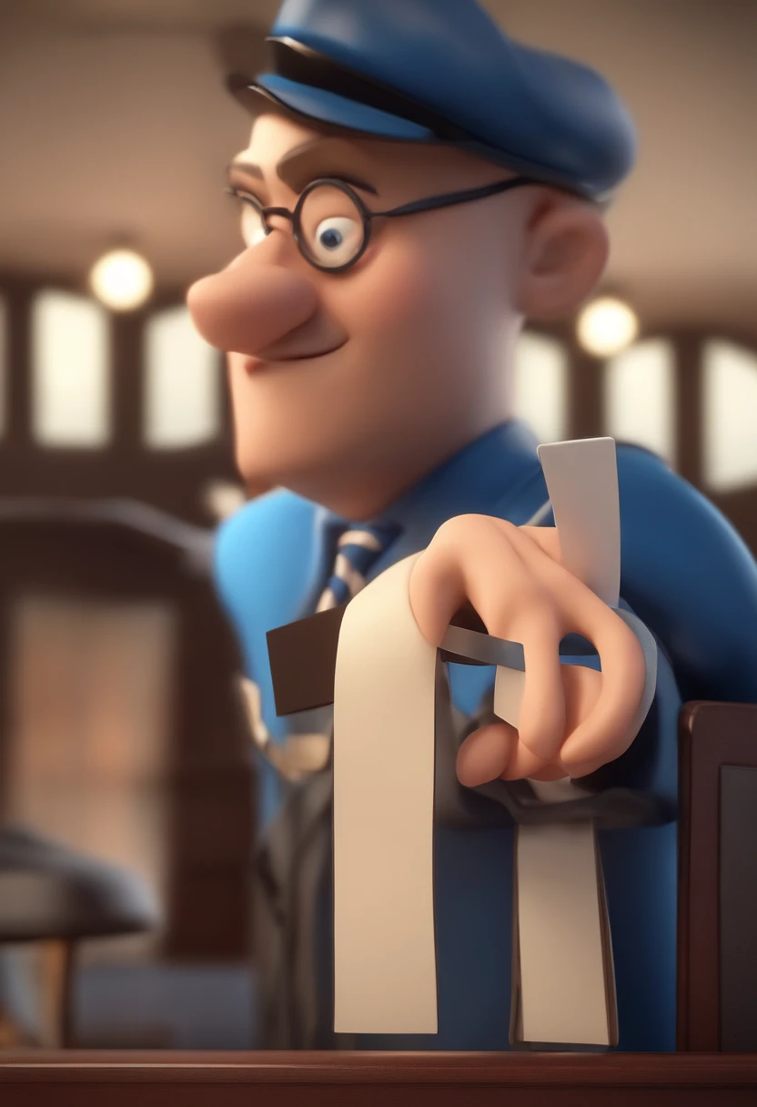 Cartoon character of a man holding a business card and a blue shirt, um personagem animado, On the back with a sign of a law firm called Samuel Dipp's lawyer, Caractere estilizado, animation style rendering, 3D estilizado, Arnold Maya render, 3 d render stylized, toon render keyshot, Personagem 3D, Personagem 3D, 3d rendering stylized, 3 d character render, personagem de desenho animado, Personagem de close up, Pose de personagem, (Estilo Pixar) (master part:1.2) (Bokeh) (best quality) (pele detalhada) (textura detalhada) (8k) (argila) (Cinematic lighting) (foco nítido，Senta e vaza a parte superior do corpo