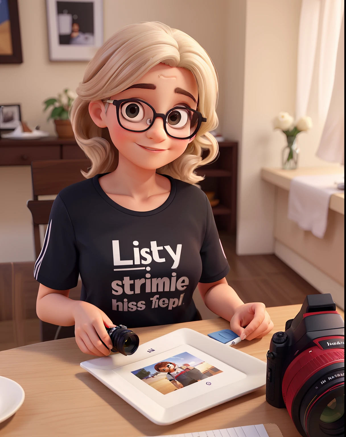 Beautiful woman, 50 anos, cabelo castanho liso, olhos castanhos escuros, glasses, vestindo uma camiseta preta , photographer , With a camera in hand and a child at a party table with