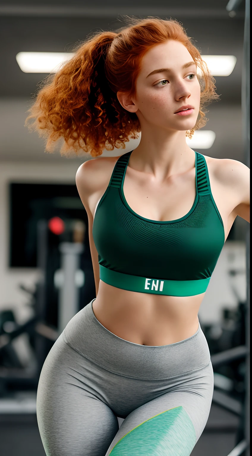 1girl in, 19, Solo, Aesthetic artwork, irish redhead, wavy ginger hair, shoulder length ginger hair, gray eyes, light grey eyes, some small freckles, pale skin, A-cup, small breasts, runners body, fullbody shot, perfect tense, (textured skin, skin pores:1.1), (moles:0.8), imperfect skin, goosebumps, in the gym, bending over time shoes, (action shot, tying shoes:1.5), (extremely detailed 8k wallpaper), soft lighting, high quality, film grain, Fujifilm XT3 sharp focus, f 5.6, 50mm, High Detail, Sharp focus,(natural light), (seductive), (Emerald green sports bra, green sports bra:1.35), (tight gray leggings:1.3), Realistic, ultra realistic, photo realistic, crazy details, complex details, hyper detailed,