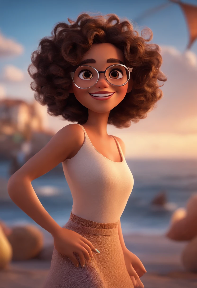 Pixar style image with 3D character white glasses brunette woman short curly hair dancing, Maquiagem Disney,Pescador, bonitinho, sorridente ,Close-up, Pixar, Disney, Cinema lighting,