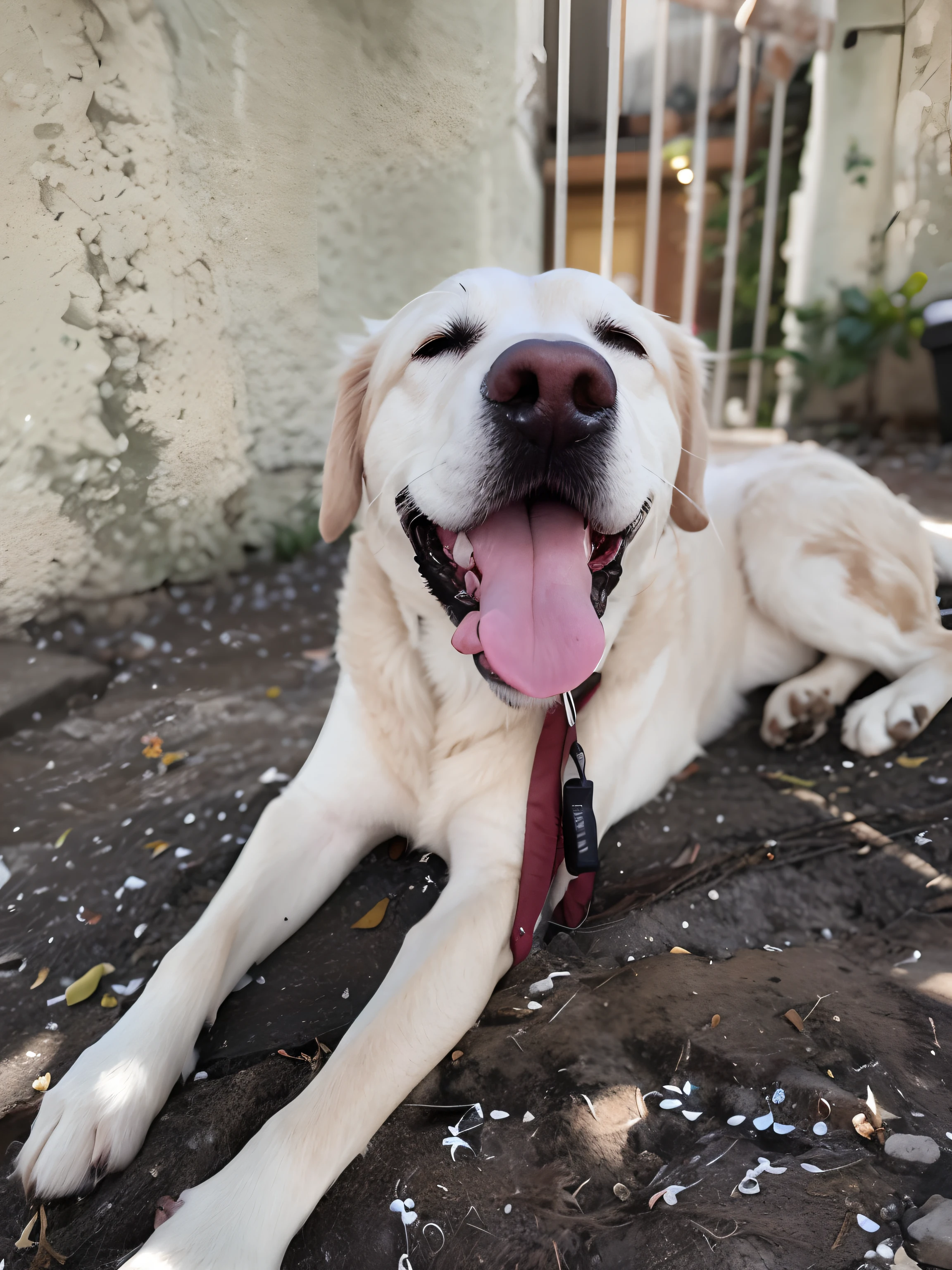 there's a dog that's lying with its tongue out, Labrador, happy dog, feliz com a boca aberta, he is very happy, Rosto branco do Labrador Retriever, he is very relaxed, muito feliz, with a happy expression, Sorrindo loucamente, sorriso largo, lab in the background, tiro frontal, grande sorriso, Directed by: Nandor Soldier