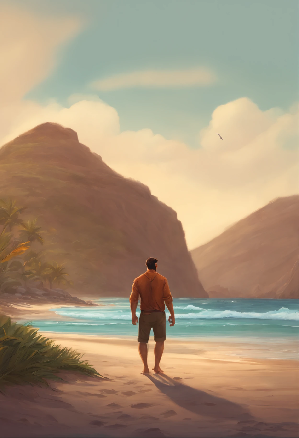 Dibujo estilo Pixar, 30 years old man, with a two-day beard, nariz redondo, pelo muy corto, en una playa