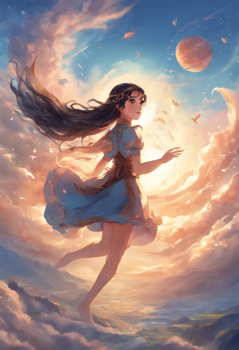 (masutepiece, Best Quality, Highly detailed, ultra-detailliert, High resolution, absurderes, 4K, 8K:1.2), (Official art, incredibly fine illustration, extremely details CG, Detailed background, Professional Lighting, Dynamic Angle, Perfect hands, Detailed shiny skin, detailed hairs, Detailed eyes),
(girl,,child),Black,Medium Hair,Brown eyes,Black hair,Side Ponitafil,Brown eyes,sundress,flered skirt,angel wing,
BREAK,
skydiving,Arms up,
Large crowds,Blue sky,cumulonimbus clouds,sea of clouds,
Sea,
BREAK,
(Aerial view:1.2),
(extremely long shot:1.2),
Back shot,