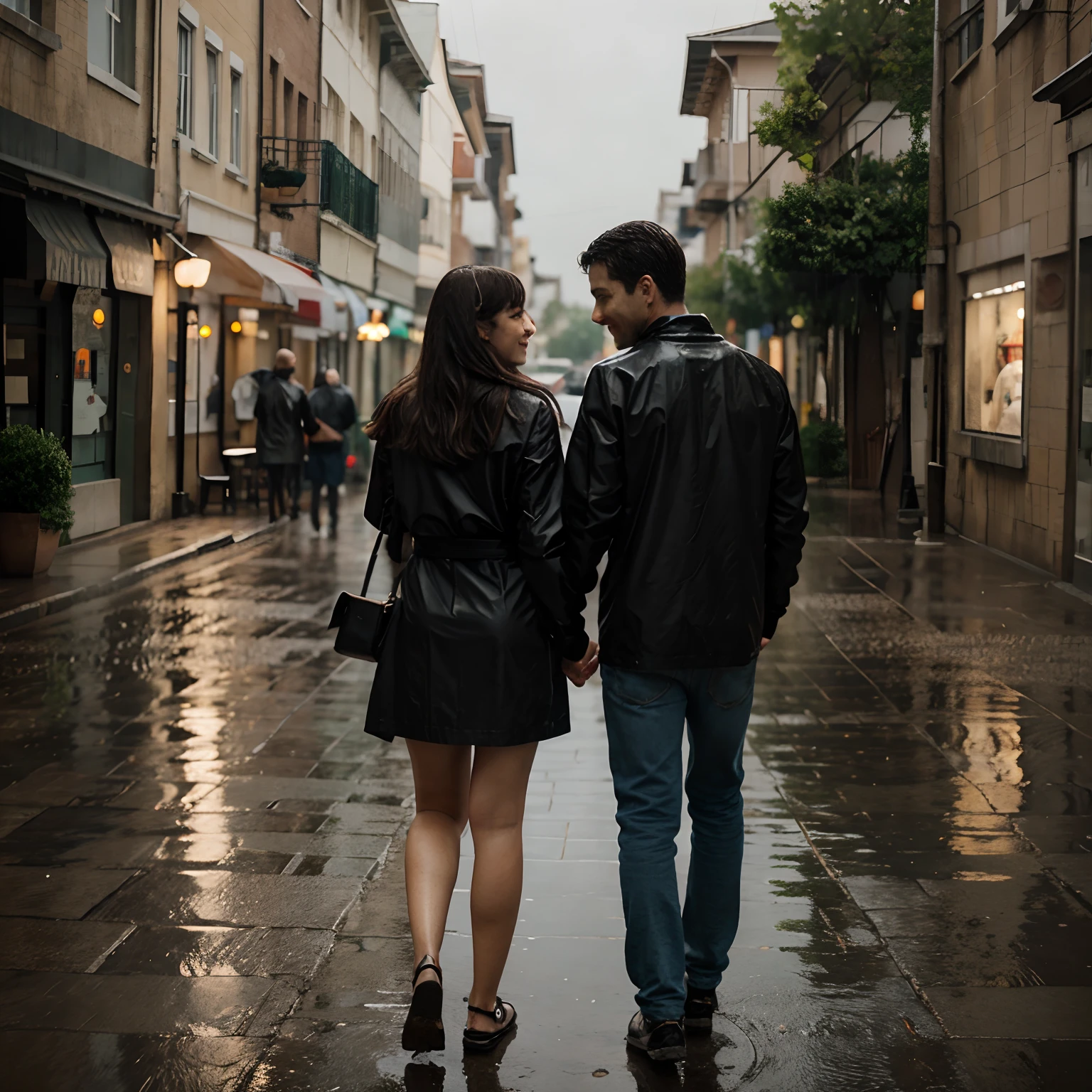 Couple holding hands in rain with unbrela