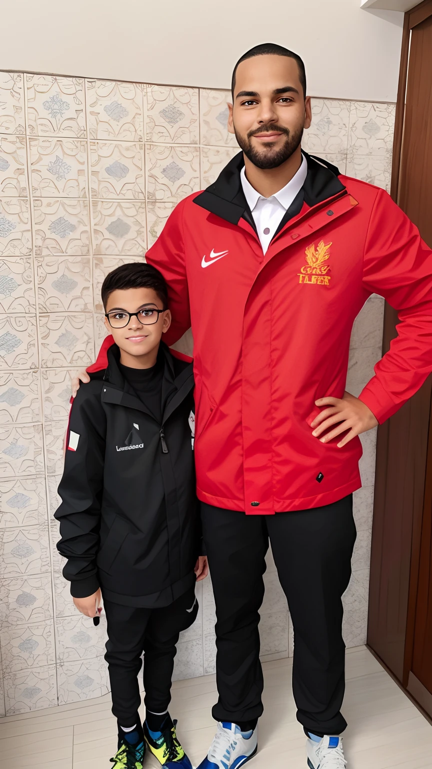 There's a man and a boy together in a room, grande e alto, Condutor de Ene, 155 cm de altura, with a kid, especial, Directed by: Emma Andijewska, Riyahd Cassiem, lucas graziano, 165 cm de altura, wearing a red captain's uniform, Tim, inspirado em Kaff Gerrard