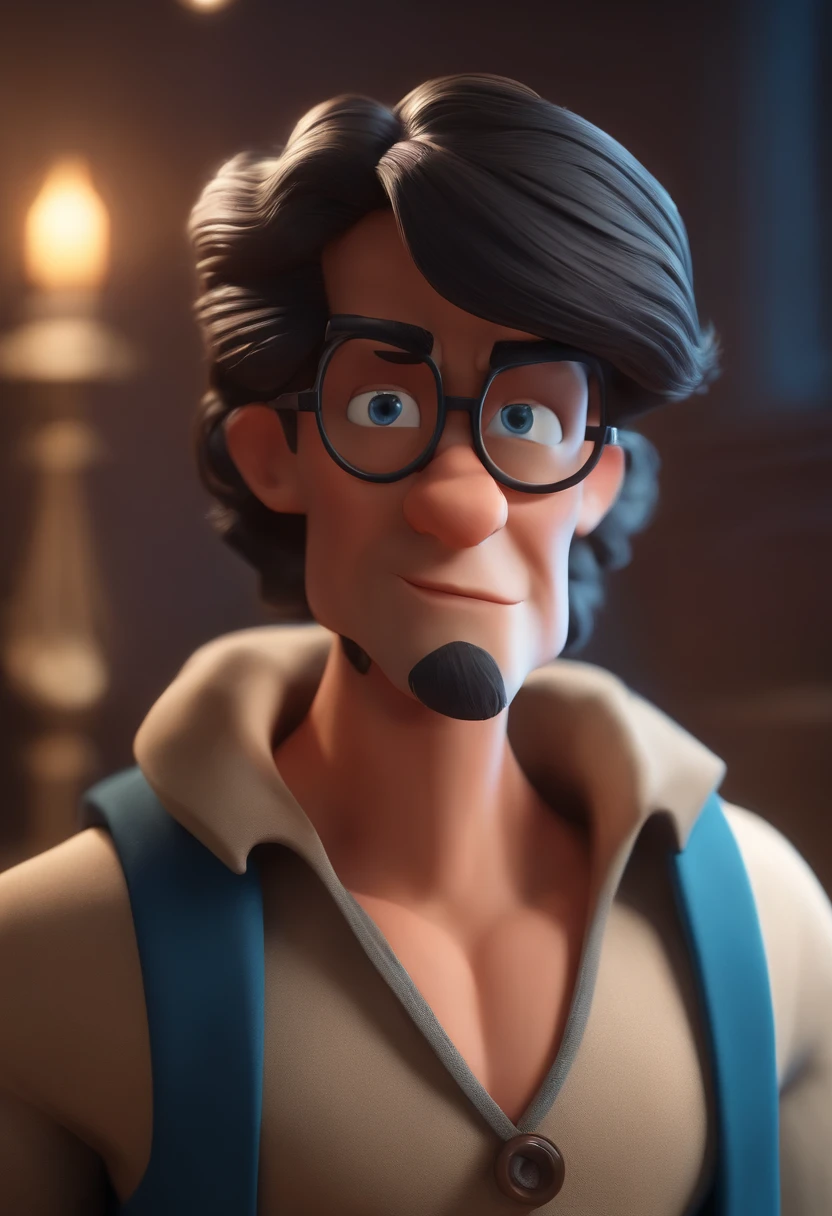 Cartoon character of a man wearing black glasses and a blue shirt, um personagem animado, Caractere estilizado, animation style rendering, 3D estilizado, Arnold Maya render, 3 d render stylized, toon render keyshot, Personagem 3D, Personagem 3D, 3d rendering stylized, 3 d character render, personagem de desenho animado, Personagem de close up, Pose de personagem, (Estilo Pixar) (master part:1.2) (Bokeh) (best quality) (pele detalhada) (textura detalhada) (8k) (argila) (Cinematic lighting) (foco nítido，Senta e vaza a parte superior do corpo