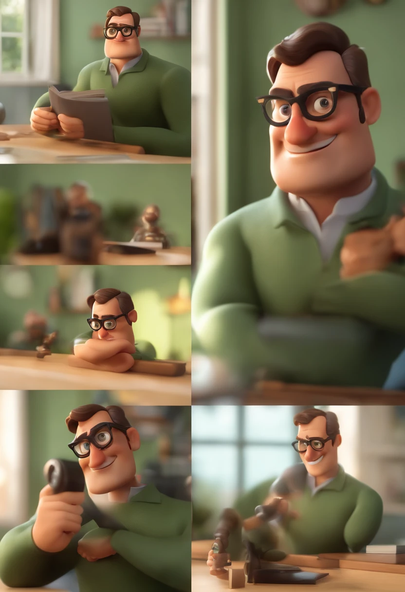 Criar uma imagem de um homem de 46 anos professor, sorrindo, usando oculos retangular, sendo musculoso. Na imagem o homem deve estar segurando livros. o estilo da imagem deve ser ser pixar- disney 3 d. Caractere estilizado, animation style rendering, 3D estilizado, Arnold Maya render, 3 d render stylized, toon render keyshot, Personagem 3D, Personagem 3D, 3d rendering stylized, 3 d character render, personagem de desenho animado, Personagem de close up, Pose de personagem, (Estilo Pixar) (master part:1.2) (Bokeh) (best quality) (pele detalhada) (textura detalhada) (8k) (argila) (Cinematic lighting) (foco nítido