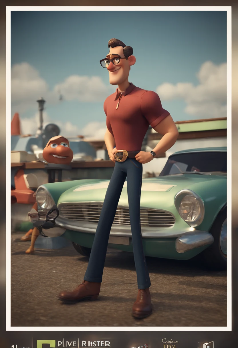 Criar uma imagem de um homem de 46 anos professor, sorrindo, usando oculos retangular, sendo musculoso. Na imagem o homem deve estar segurando livros. o estilo da imagem deve ser ser pixar- disney 3 d. Caractere estilizado, animation style rendering, 3D estilizado, Arnold Maya render, 3 d render stylized, toon render keyshot, Personagem 3D, Personagem 3D, 3d rendering stylized, 3 d character render, personagem de desenho animado, Personagem de close up, Pose de personagem,  (Estilo Pixar) (master part:1.2) (Bokeh) (best quality) (pele detalhada) (textura detalhada) (8k) (argila) (Cinematic lighting) (foco nítido