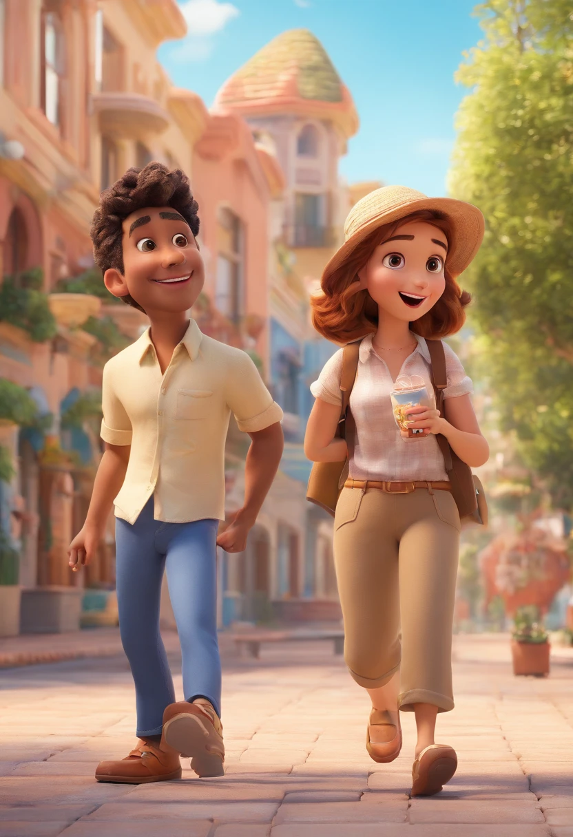 Cartoon of friends having fun on vacation together,  3D Animation Movie Poster, Poster de filme animado, pixar 3 d animation style, pixar renderman rendering, maia 8 mil, animated film, Disney Pixar Estilo 3D, amigos felizes saem juntos, all wearing light blue shirts and cream brown long pants, camisa azul clara, cream brown pants, ao ar livre, vacation, Disney Pixar Animation Poster