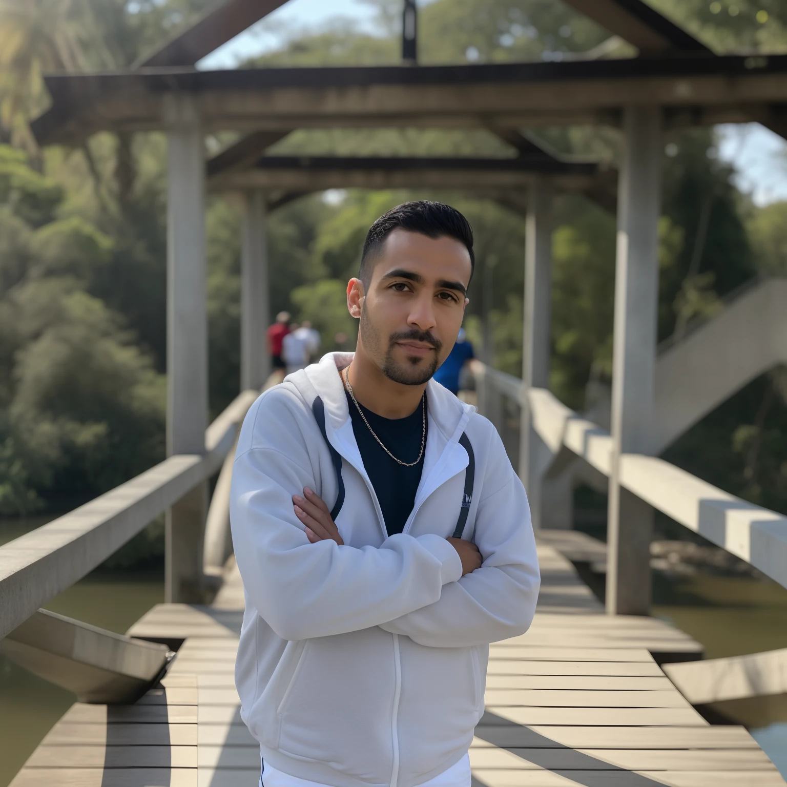 Man in white jacket standing on a bridge, em frente a um fundo de floresta, david rios ferreira, com um parque ao fundo, Condutor de Ene, icaro carvalho, caio santos, taken in the early 2020s, Alex, Parque em segundo plano, andres rios, standing on a bridge, em uma ponte