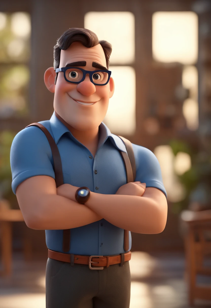 Cartoon character of a man with black glasses and a blue shirt, animation character, Caractere estilizado, animation style rendering, 3D estilizado, Arnold Maya render, 3 d render stylized, toon render keyshot, Personagem 3D, Personagem 3D, 3d rendering stylized, 3 d character render, personagem de desenho animado, Personagem de close up, Pose de personagem, (Estilo Pixar) (master part:1.2) (Bokeh) (best quality) (pele detalhada) (textura detalhada) (8k) (argila) (Cinematic lighting) (foco nítido