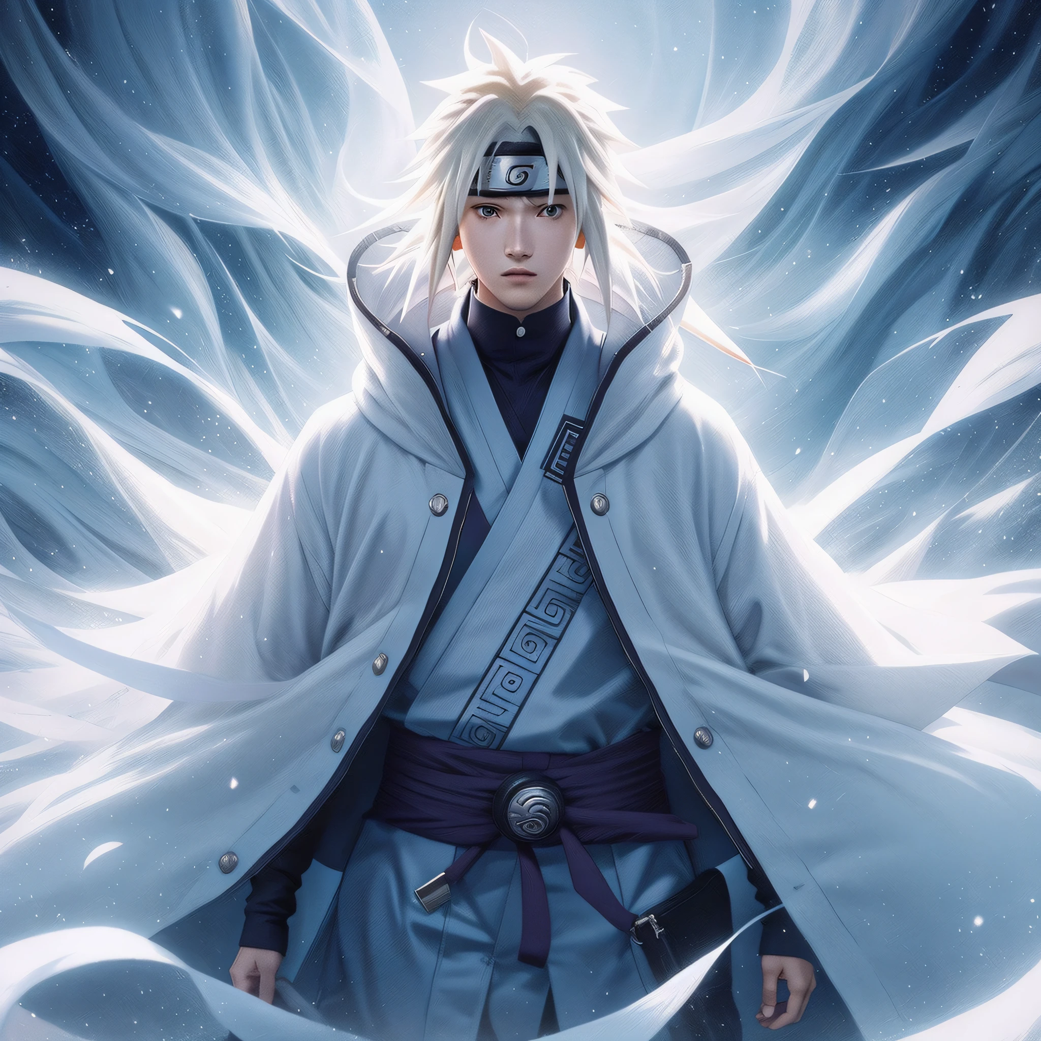 estilo arte digital(anime: naruto shimpuden, adulto, personagem naruto, rosto bem detalhado, cabelo loiro longo bem grande, lente grande angular, mythological style, dark, He's standing, capa branca de Hokage, capa longa e voando, neblina, mundo real)1solo, boy. cores fria, dark, foto corpo inteiro.