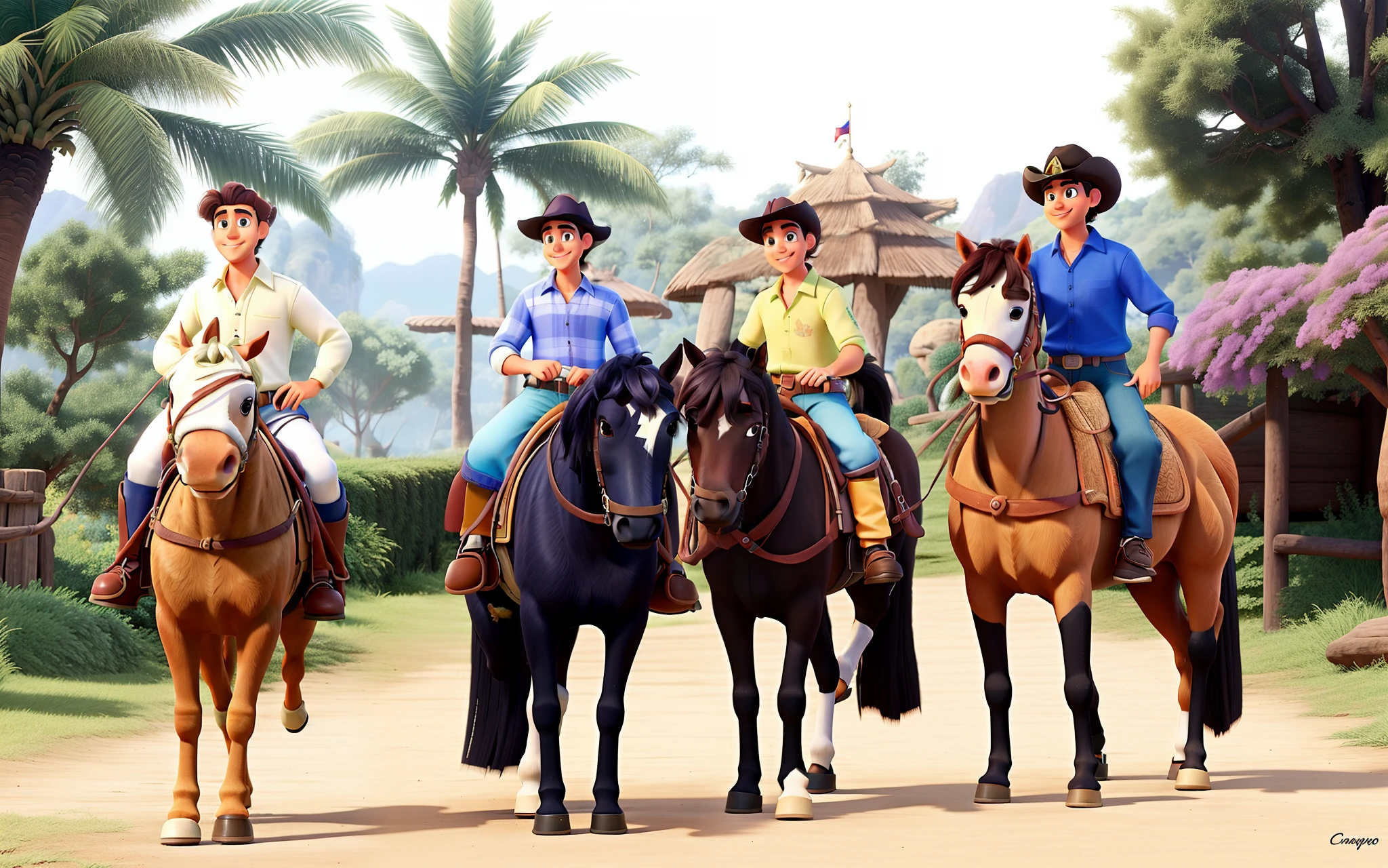 quatro gauchos de chapeu a cavalo estilo disney pixar, melhor qualidade, alta qualidade
