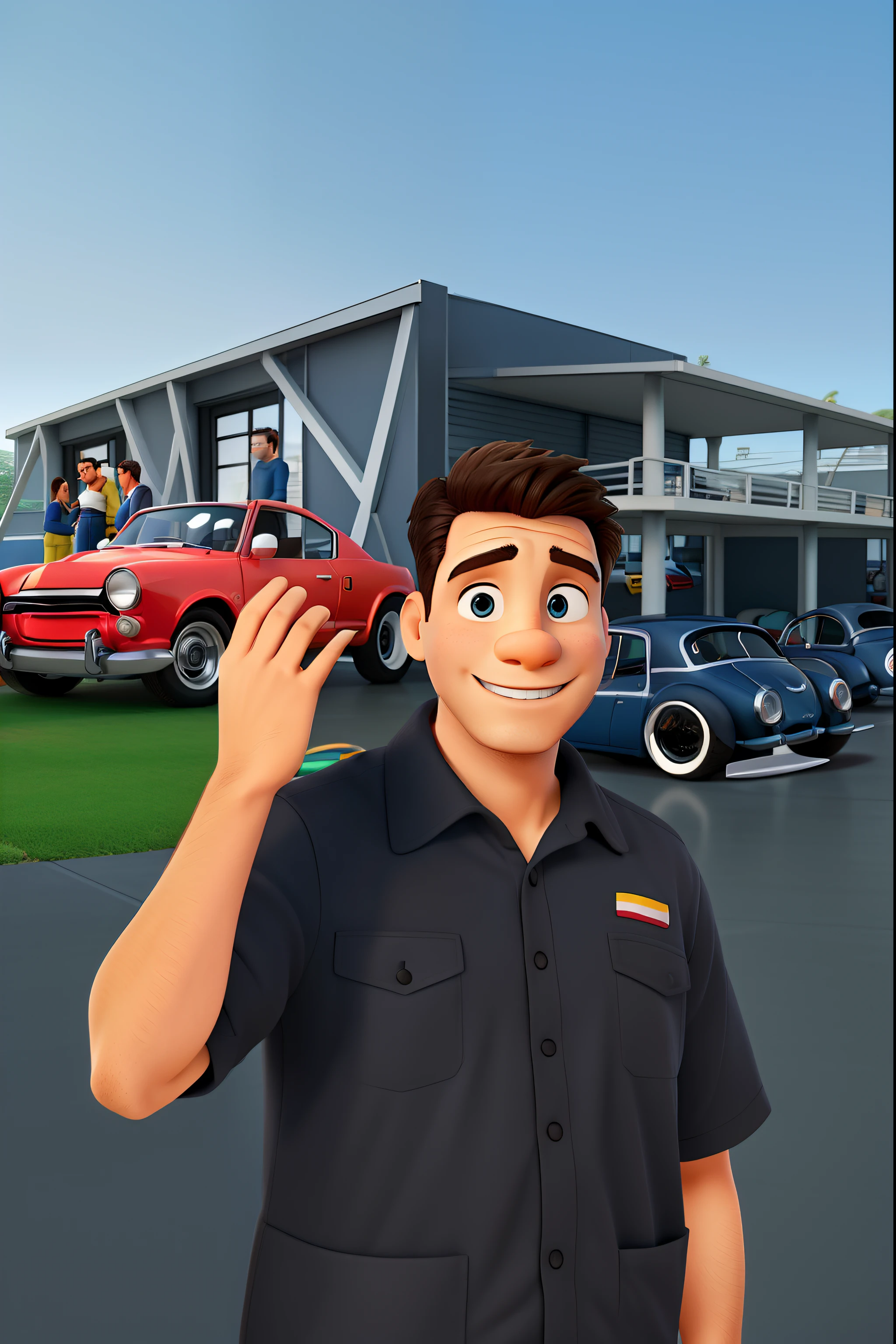 Homem na frente da loja de carros, e carros no fundo, with your sales team happy behind, derriere, no fundo, sua loja.