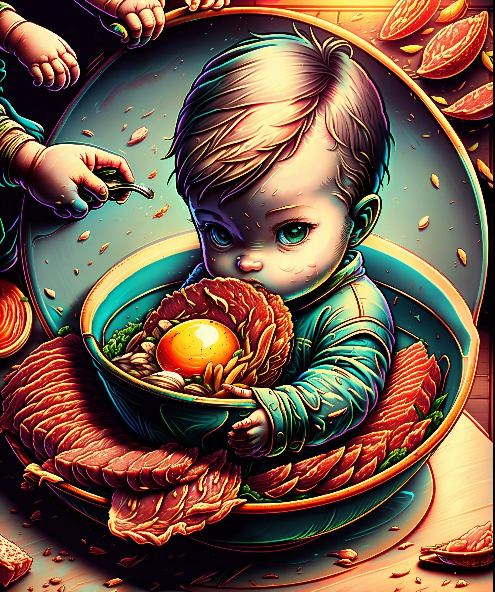 A in a bowl eats chicken meat and eggs
