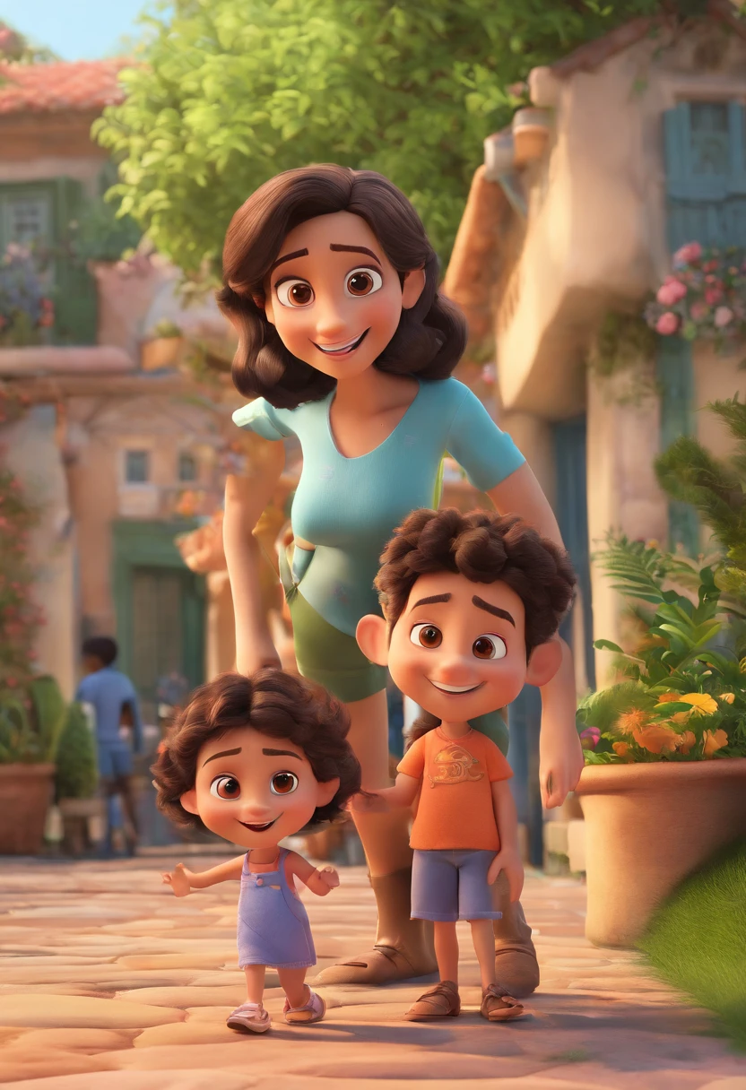 Estilo Pixar: fami, A brunette father with short dark brown hair and a strong physique with a left ear blown like a wrestler, Fair-skinned mother with long light brown hair and dress and twin girls . Uma menina de 2 anos com o cabelo na cor castanho claro e a outra com 2 anos e com cabelo na cor castanho escuro. Com o fundo no rio de janeiro, with the name Pixar style film written family Ceciliano Oliveira.