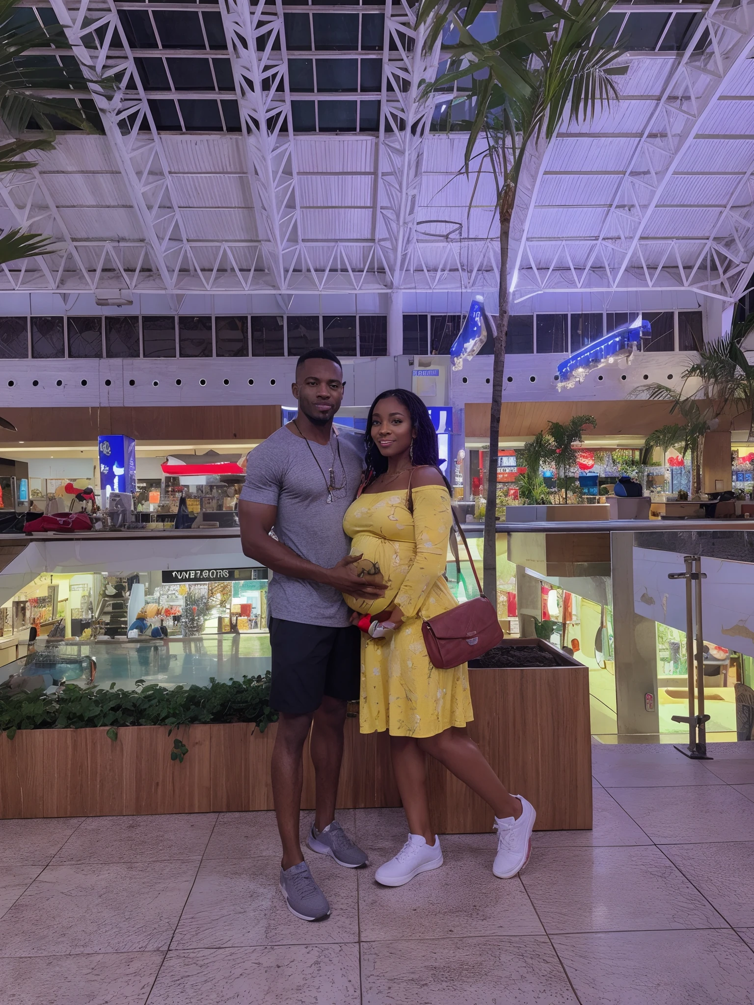 Homem mulato, com bermuda preta lisa, with muscle, uma jovem mulata, pregnant, cabelos cacheados, vestido estampado amarelo,