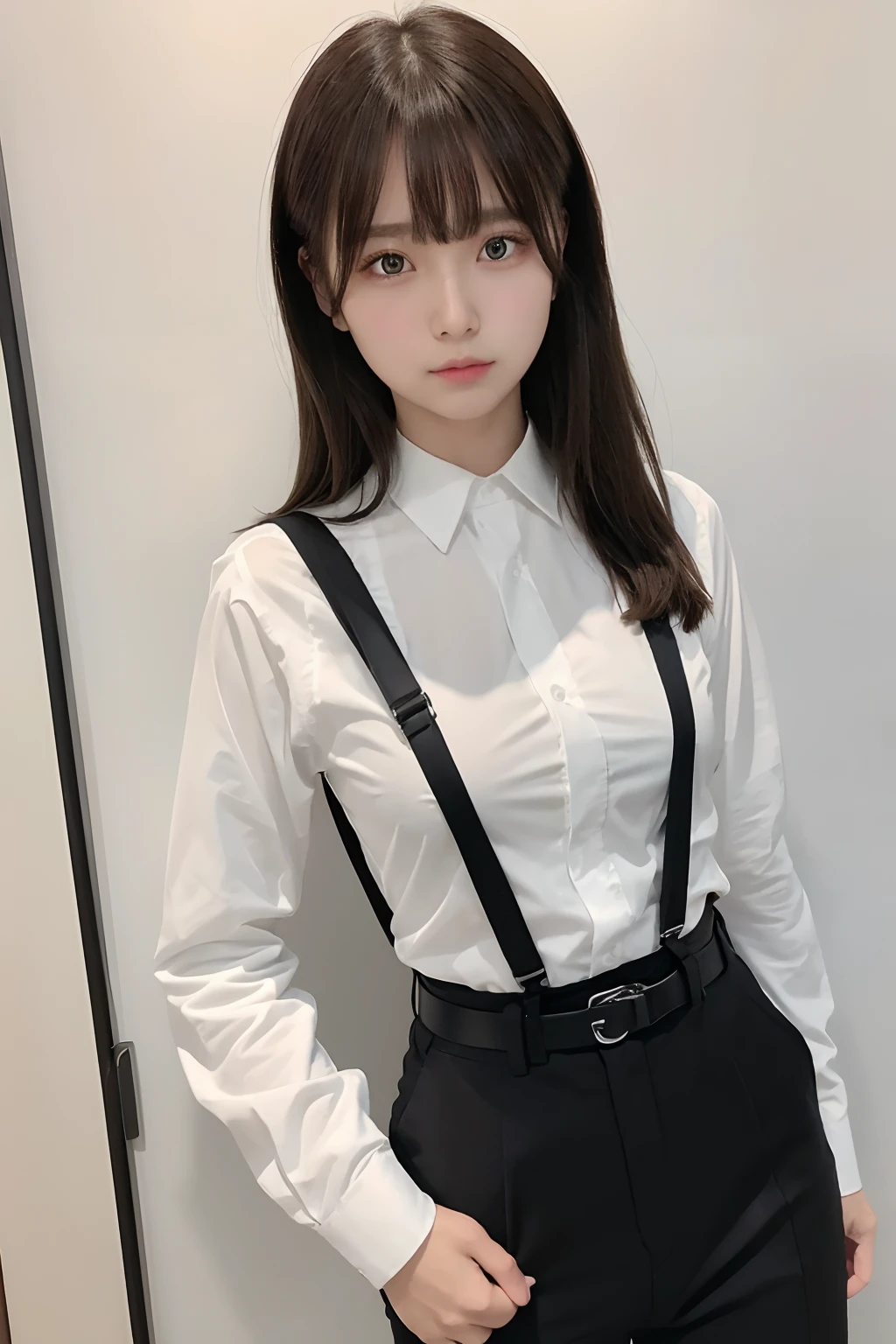 ​masterpiece、flat-colors、depth of fields、lens flare 1 girl、、Brown hair、watching at viewers　　　black suspenders　　　bulging big breasts　　　 　 Armpit sweat　perspiring　Side of both hands　　walls: 　Black pants, Black Suit Chain　　　　　arma　Gaze　　　Small face　Bangs Upper Eyes　flank　　Colorcon　Cutter shirt　holster　chain　a belt