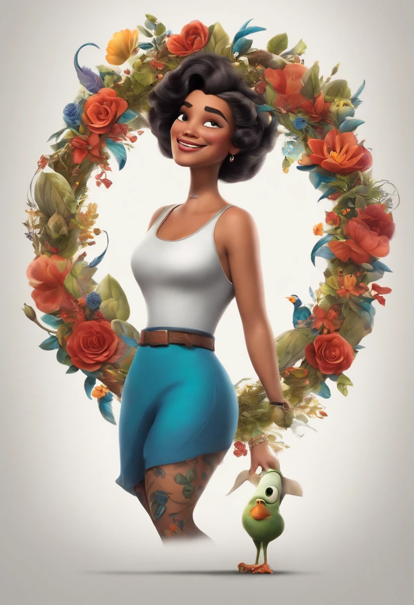 A dream tattoo inspired by Pixar's animation, de perto. The character takes center stage with captivating facial expressions, oferecendo um toque de irrealidade. Cabelos pretos e roupas pretas