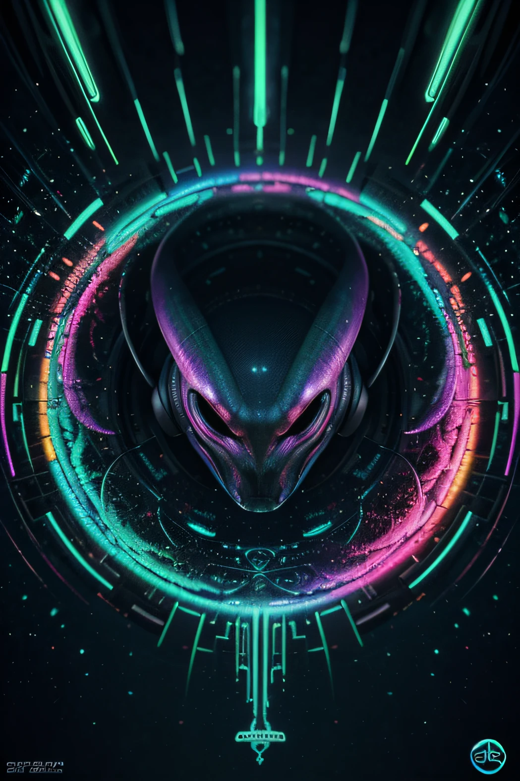 Papel de parede Alien Psy Trance com fones de ouvido, Stimulus to Art, cores vibrantes, Detailed alien creature, Swirling psychedelic patterns, neon lights, atmosfera estranha, Estilo de Arte Digital, 8K resolution