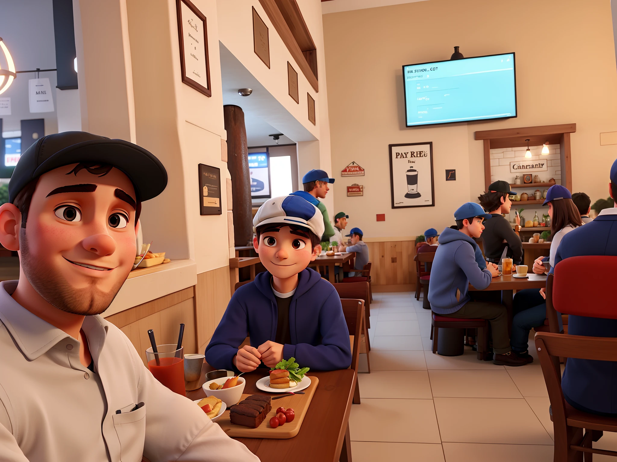Man in cap and boy in the restaurant