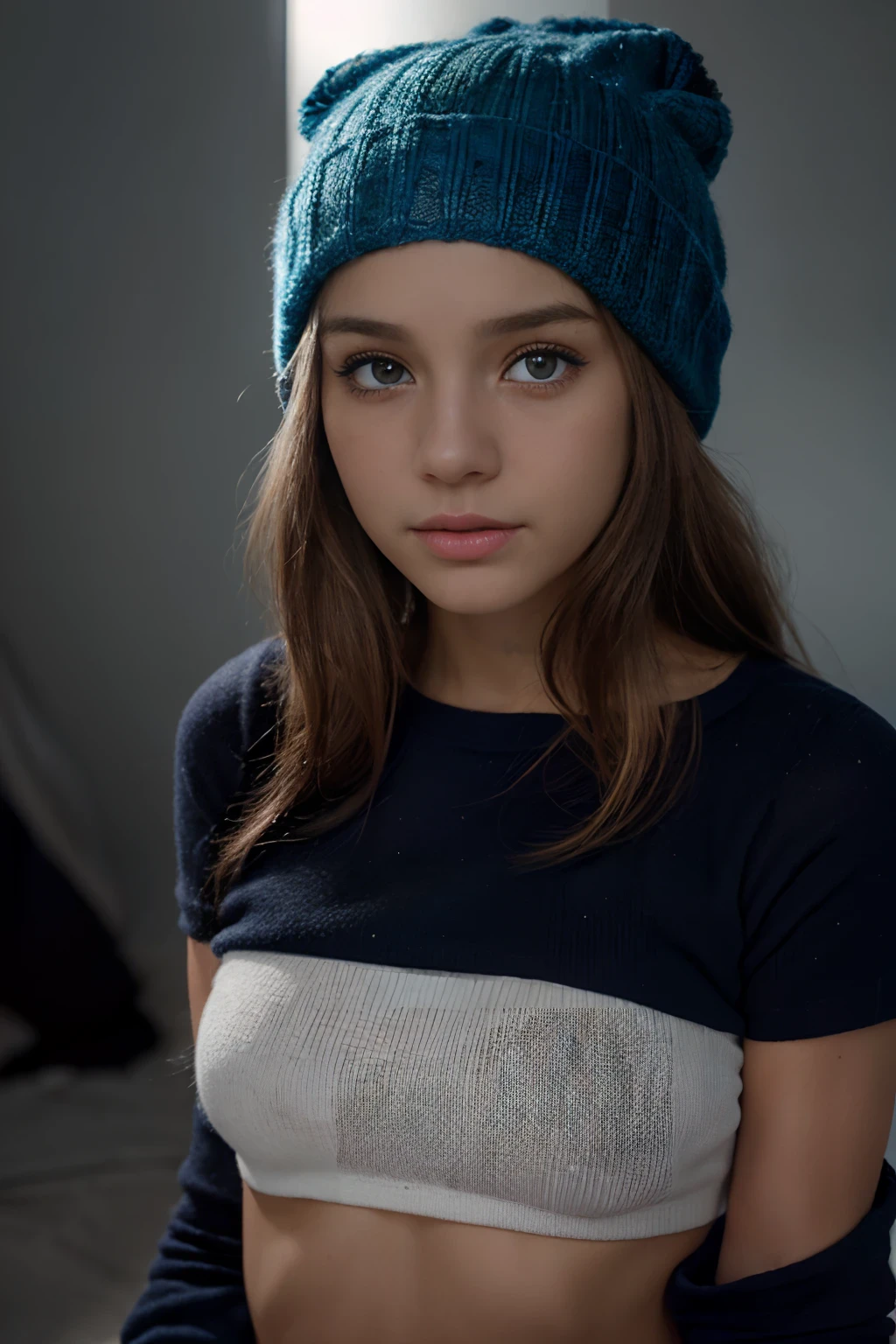 (La mejor calidad,girlish:1.2,Teenage girl,Hermosos ojos azules,Cabello RUBIO,con gorro de lana,Posando,in front of the camera),Ultra detallado,(realista,fotorrealista,fotorrealista:1.37),illustration, colores vibrantes,Soft lighting