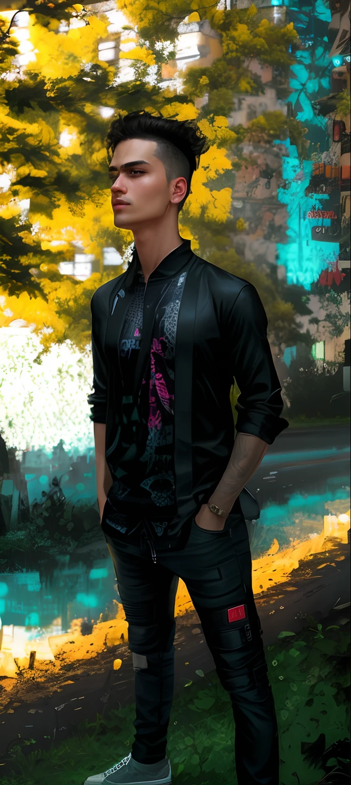 Wearing a black shirt, style, full-view, change background cyberpunk, and a motorbike R15,
