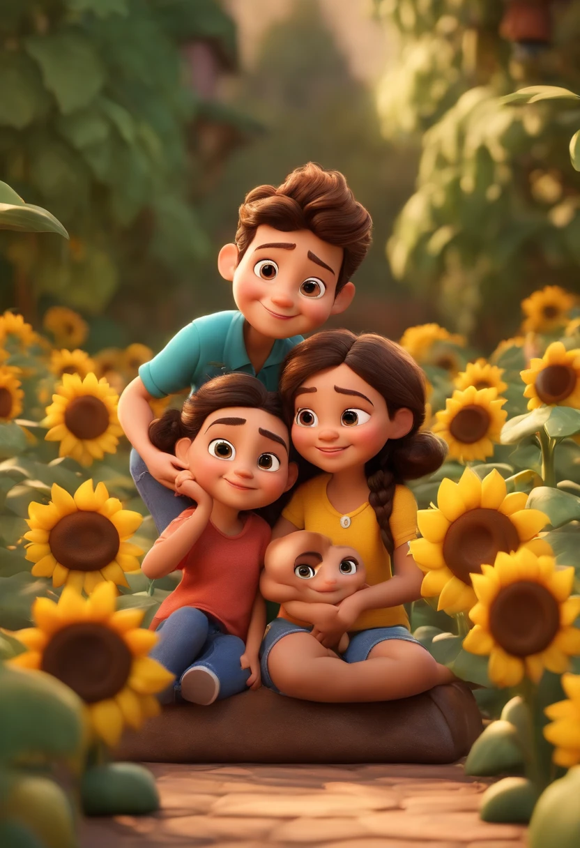 Create a Disney PIXAR-style 3D poster. ((centro da imagem, Triplets)), ((3 children)) ((1 menino no meio e 2 meninas ao lado, They're hugging each other, O menino tem pele castanha e cabelos castanhos escuros e olhos castanhos escuros, 1 menina tem pele clara, olhos e cabelos escuros e cacheados, e a outra menina tem pele morena, olhos escuros e cabelos escuros e lisos)) ((tudo isso no estilo Disney PIXAR 3D, In the background, A house of sunflowers, Gloria Studio, The garden is full of nature 3D render RTX clay material, estilo de design cartunesco, POP Mart, soft lighting, linhas suaves, Spring tilt, Detailed illustrations of PIXAR 3D, Detalhes hiper-realistas, cor quente no estilo Disney PIXAR 3D))