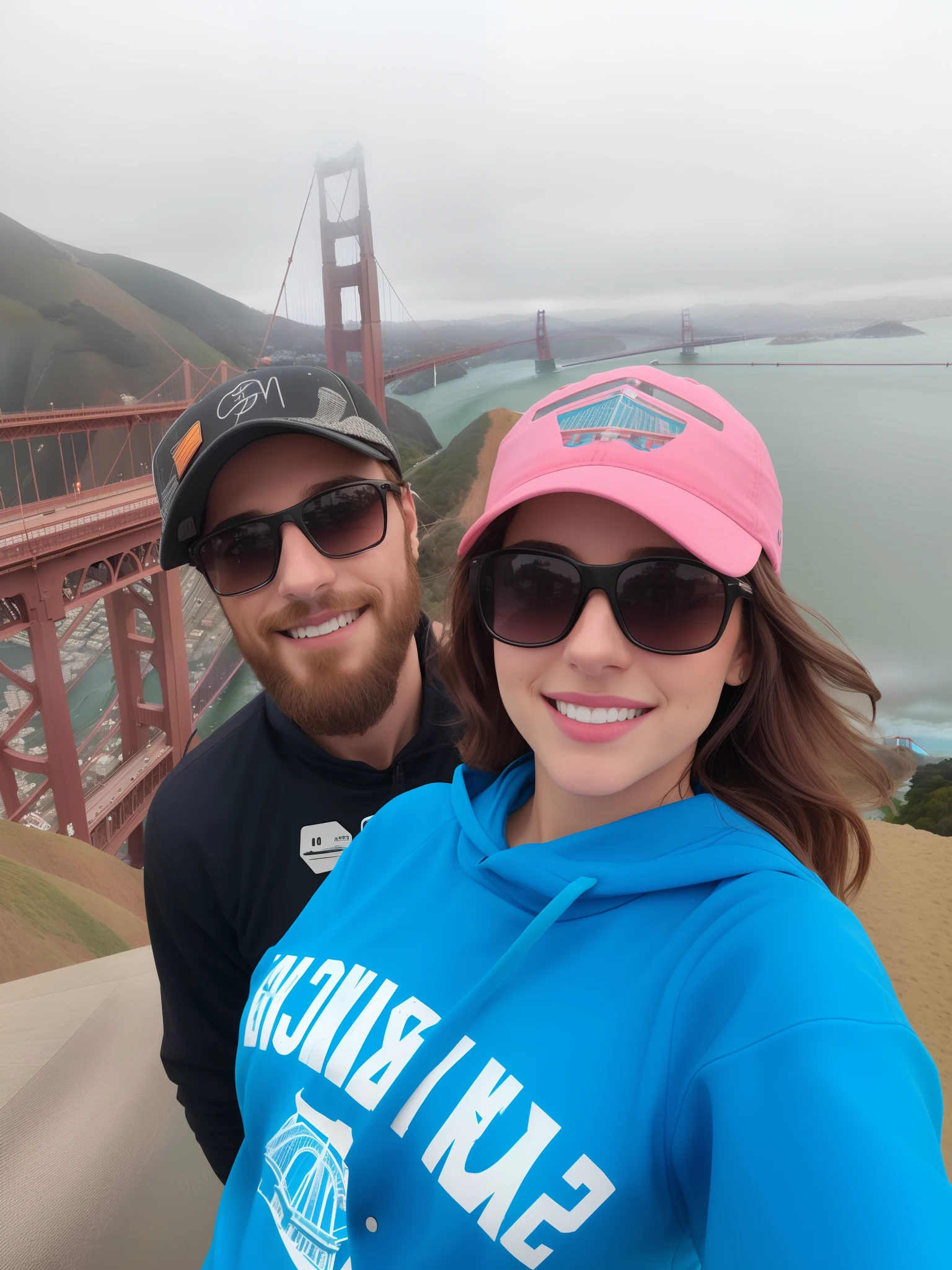 Homem e mulher fazendo uma selfie em frente a uma ponte, Ponte Golden Gate, em uma ponte, Golden gate, vacation photo, imagem de perfil, Sutro Tower in San Francisco, standing on a bridge, divertindo-se, 🤬 🤮 💕 🎀, Directed by: Kristin Nelson, View from the top, tirado no iphone 1 3 pro, great view